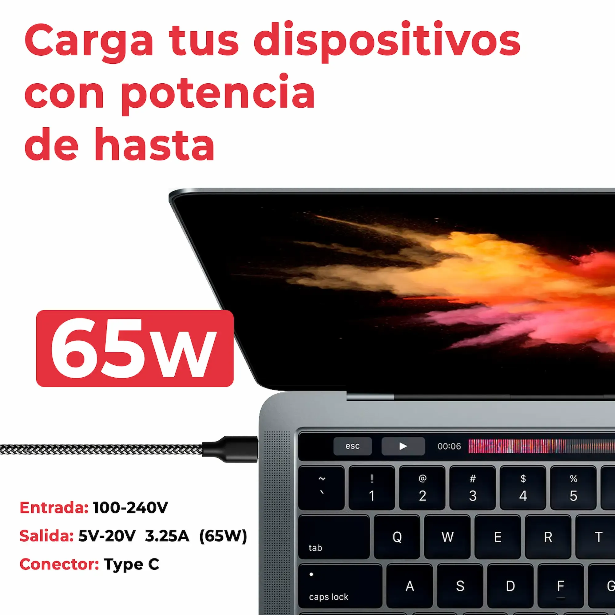 Carregador USB-C Multitensão para Portátil 5V-20V 3.25A 65W Preto Cabo Entrançado - Image 4