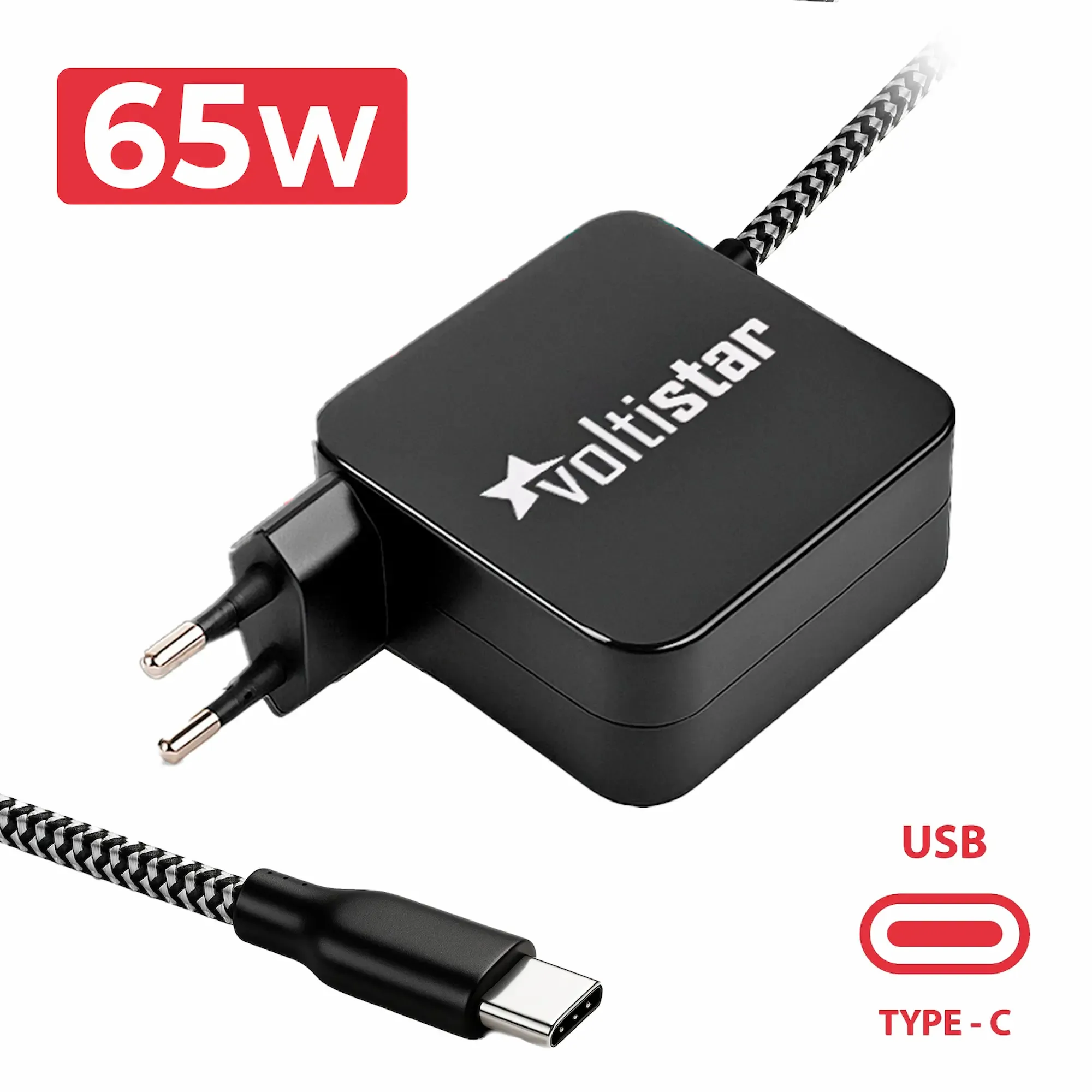 Carregador USB-C Multitensão para Portátil 5V-20V 3.25A 65W Preto Cabo Entrançado