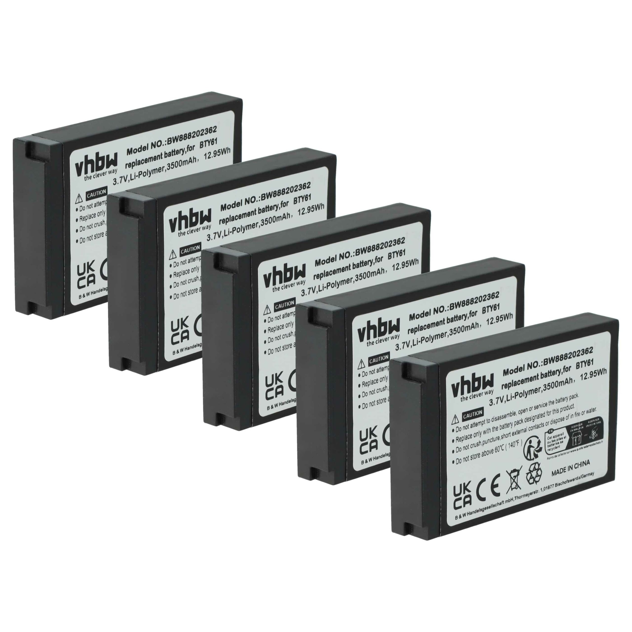 Bateria vhbw 5x BTY61 para Newland - 3800mAh, 3.7V, Li-polymer