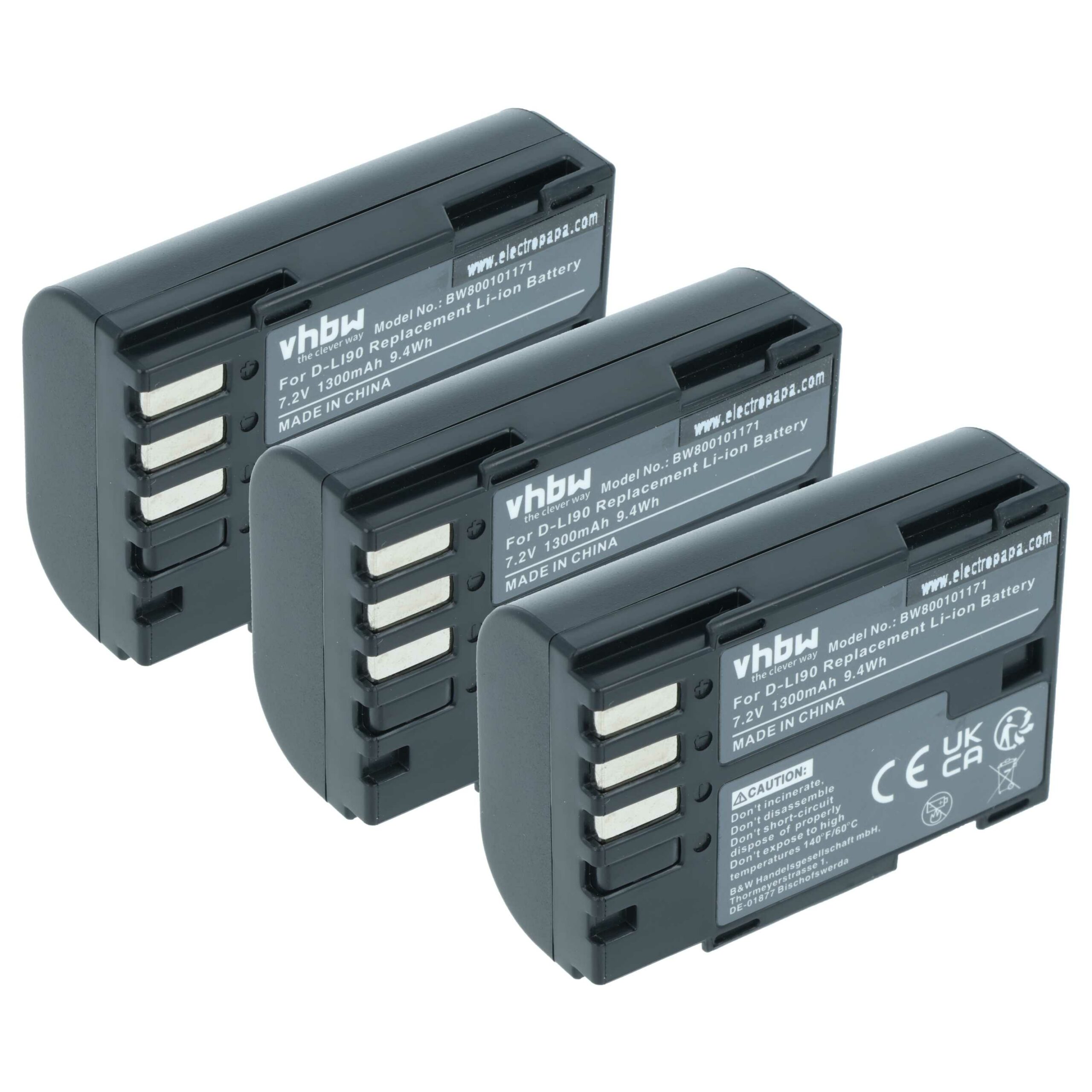 3x Bateria vhbw compatível com Pentax D-Li90 - 1300mAh, 7.2V, Li-Ion