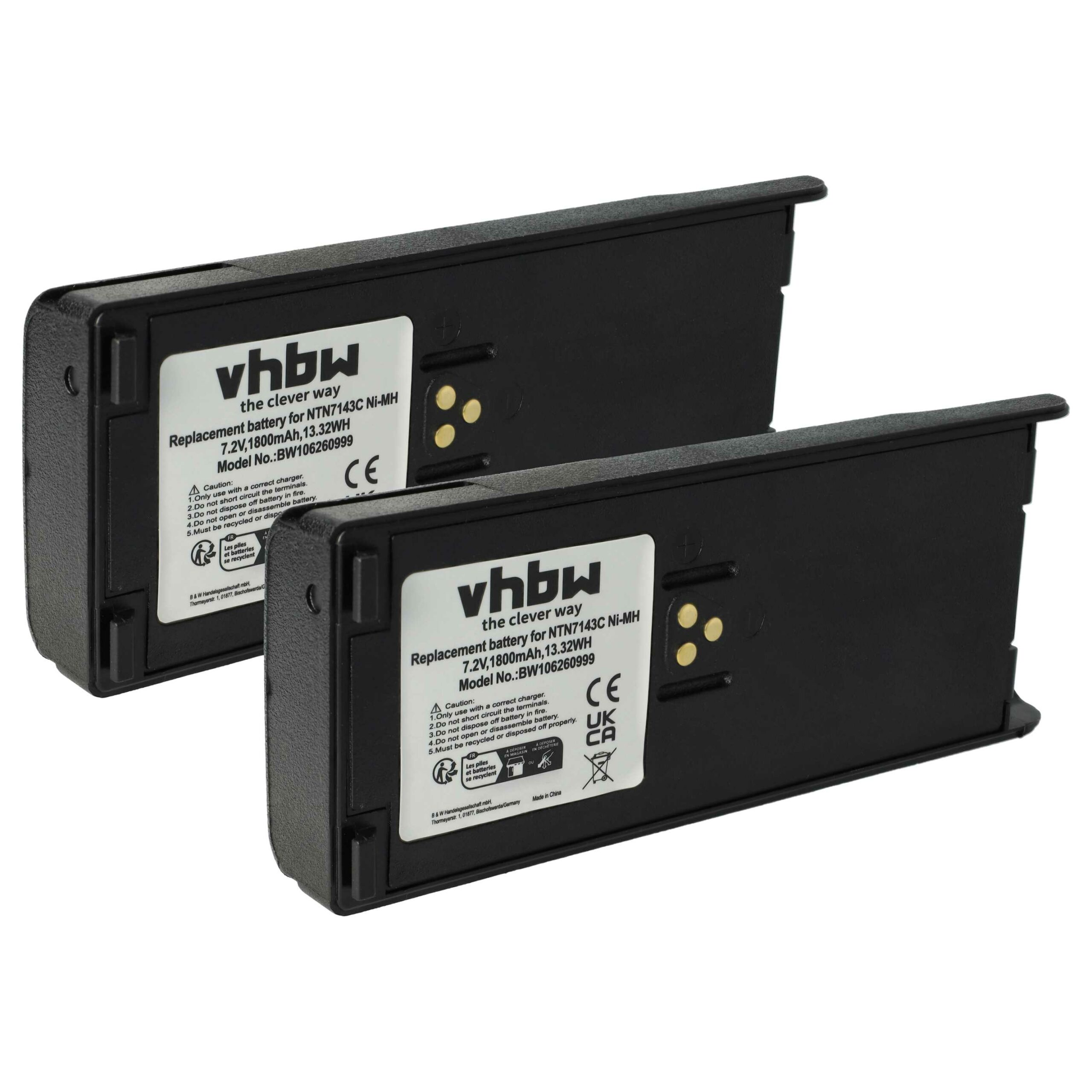 2x Bateria para Rádio Motorola NTN7143B, NTN7143C, NTN7143A, NTN7143 - 1800 mAh 7.5 V NiMH + Clipe de Cinto vhbw