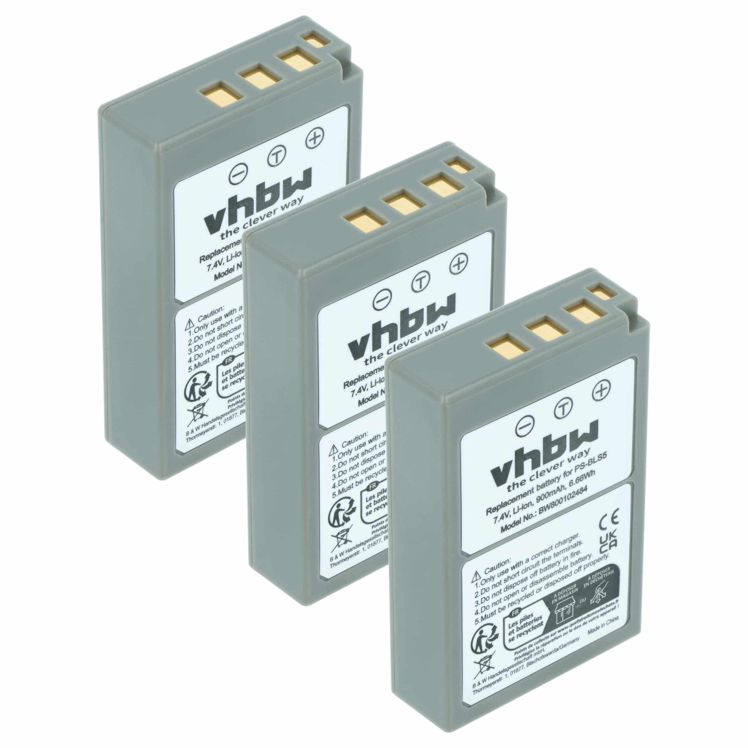 3x Bateria compatível Olympus PS-BLS5, BLS50, BLS-5, BLS-50 - 900mAh, 7.2V, Li-Ion
