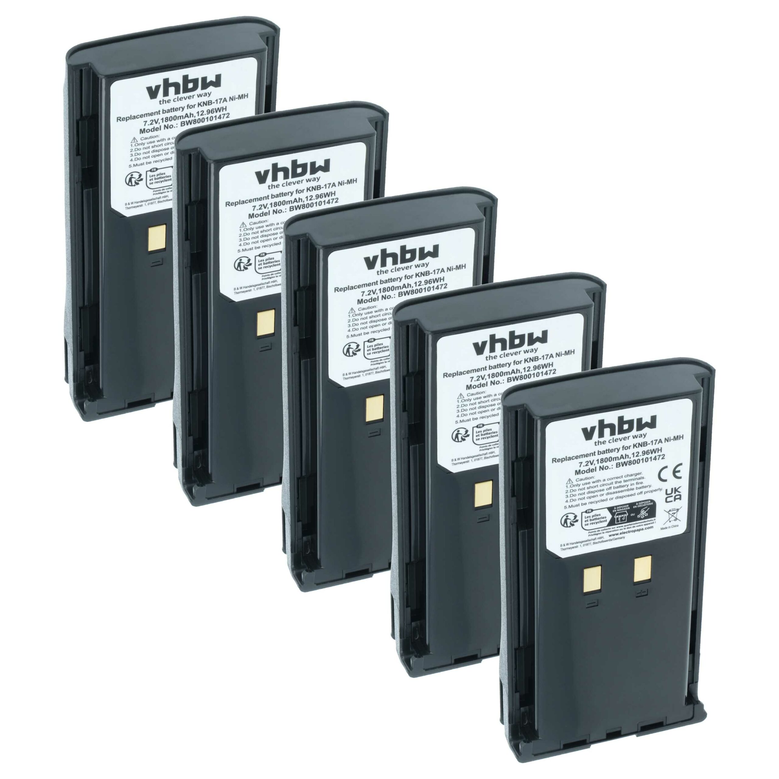 Bateria vhbw 5x para Rádios Kenwood KNB-52N, KNB-22N, KNB-21N, KNB-17N, KNB-17A, KNB-16A - 1800 mAh 7.2 V NiMH