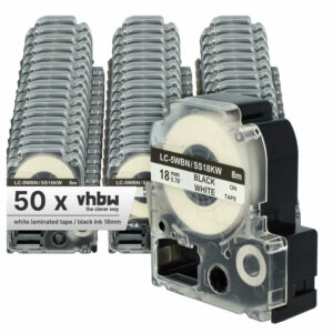 Pack 50x Fita de Etiquetas vhbw compatível com Epson LC-5WBN - 18 mm Preto sobre Branco
