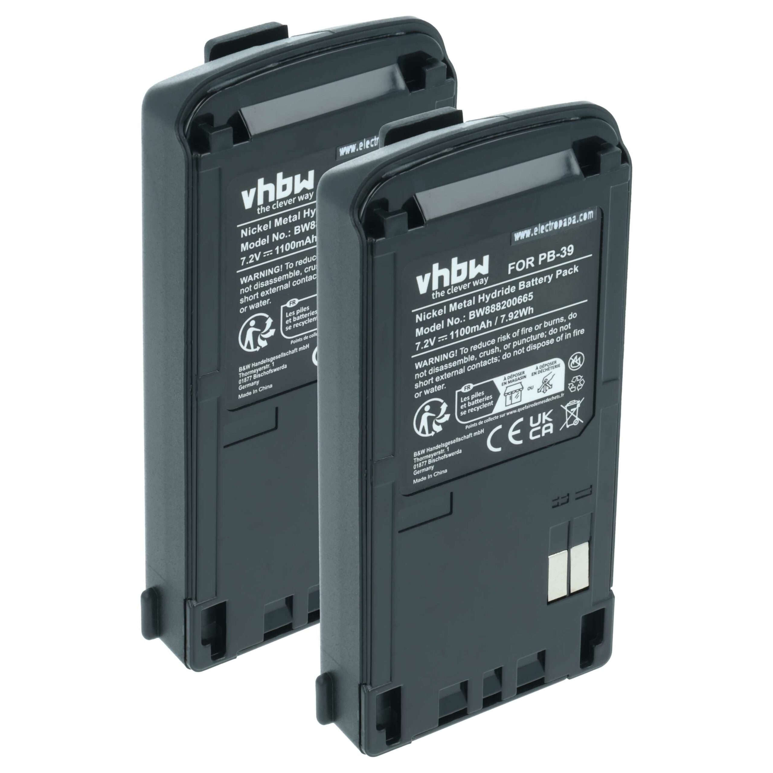 Bateria vhbw 2x para Rádio Kenwood PB-39H, PB-39, PB-38 - 1100 mAh 7.2 V NiMH com Clip de Cinto