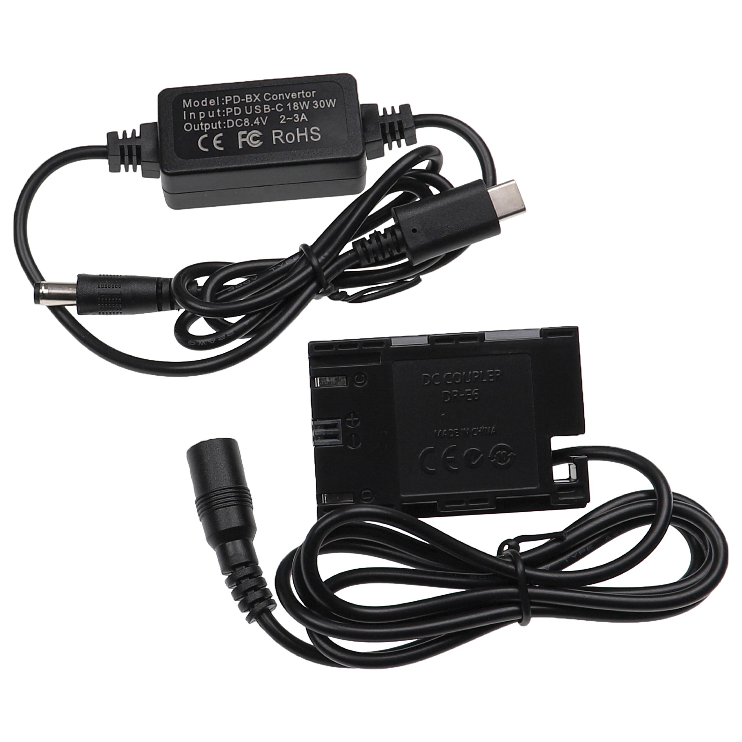 Alimentação USB para Canon ACK-E6 + Acoplador DC - vhbw 8.4V 3.0A 2m