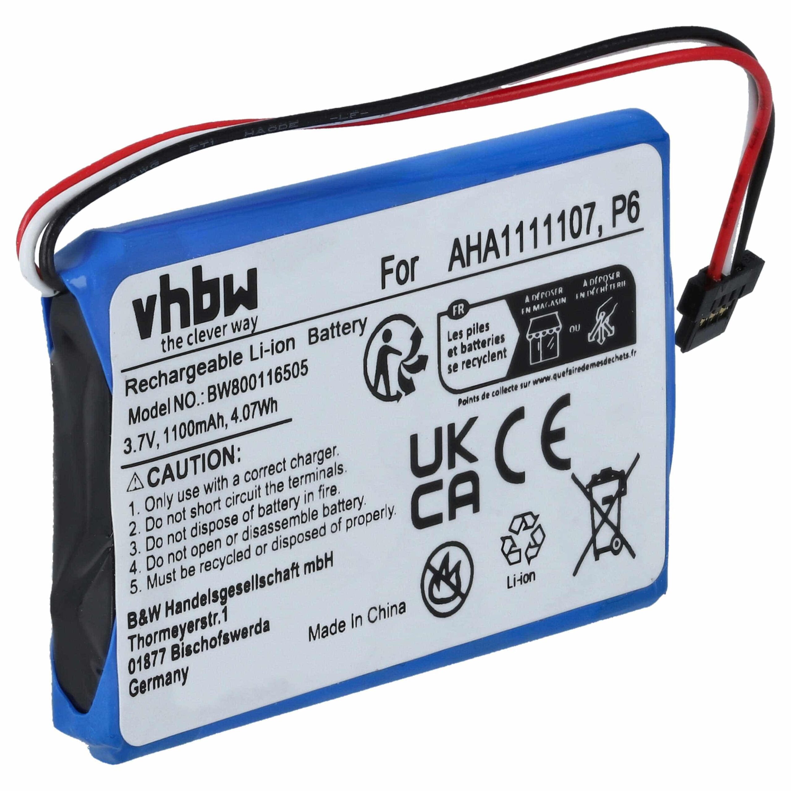 Bateria vhbw para TomTom GPS - Substitui AHA11111010, AHA1111107, P6 - 1100mAh, 3.7V