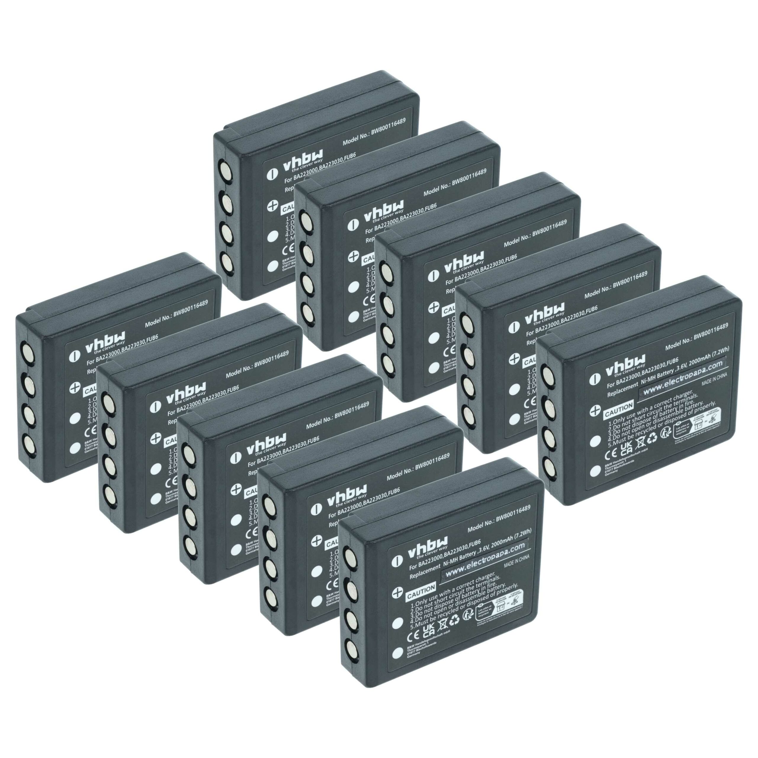 Bateria de Substituição 10x vhbw para Comando HBC FBFUB09N - 2000 mAh 3.6 V NiMH