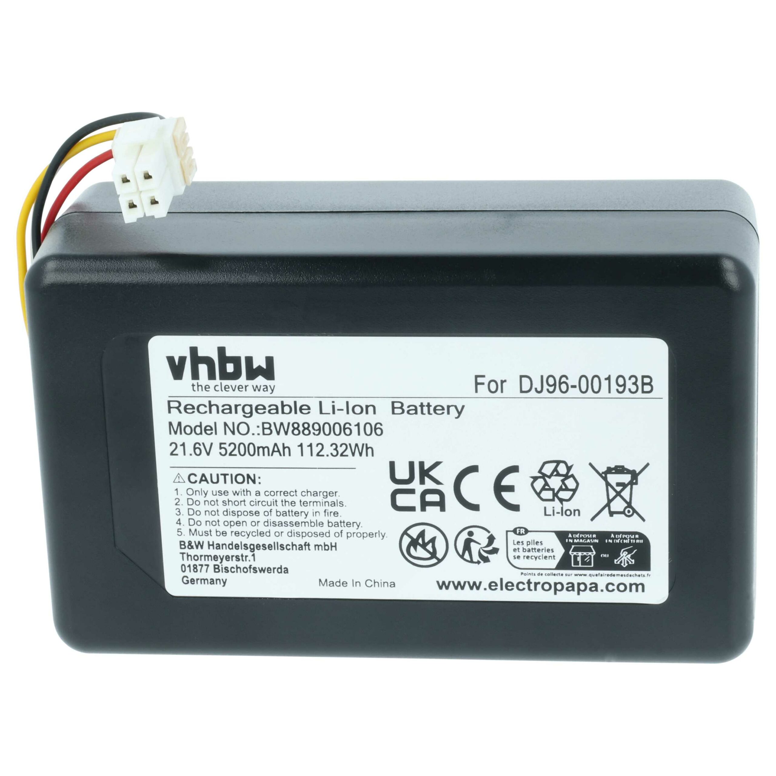 Bateria de substituição vhbw para Samsung DJ96-00193F, DJ96-00193B, DJ68-00741V-00, VCA-RBT72 - 5200mAh, 21.6V, Li-Ion - Image 3