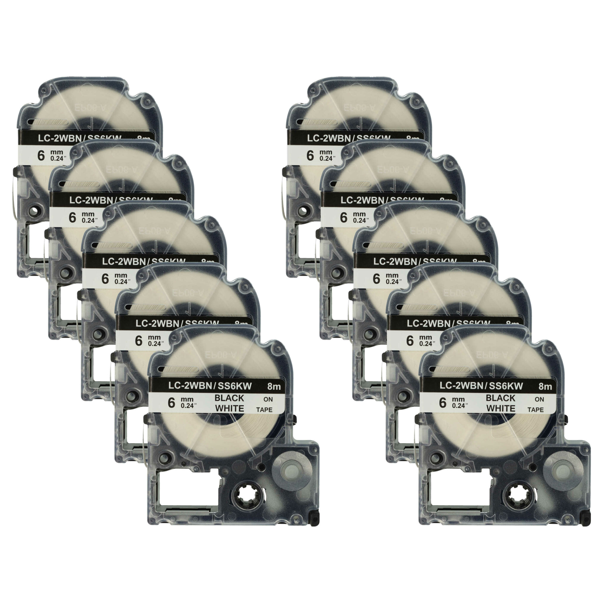 10x Fita de Etiquetas Compatível com Epson LC-2WBN - 6 mm Preto sobre Branco