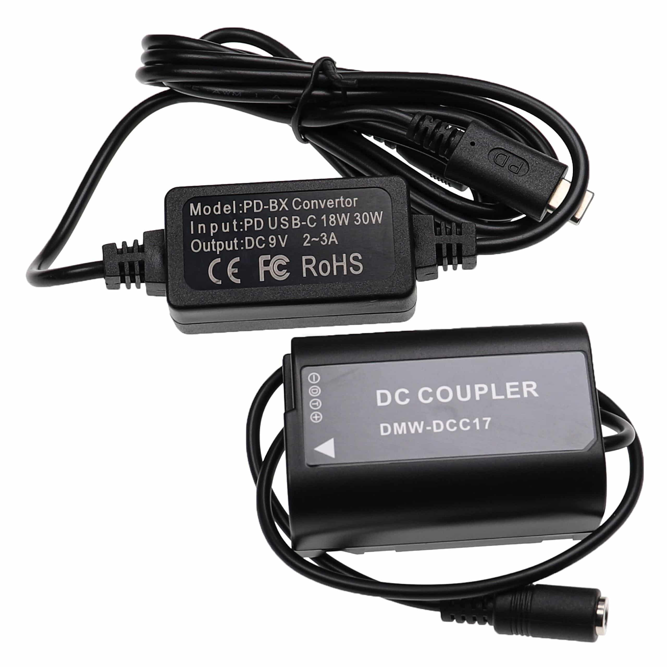 Carregador USB Panasonic DMW-AC8 com Acoplador DC - 2 m, 9 V 3.0 A vhbw