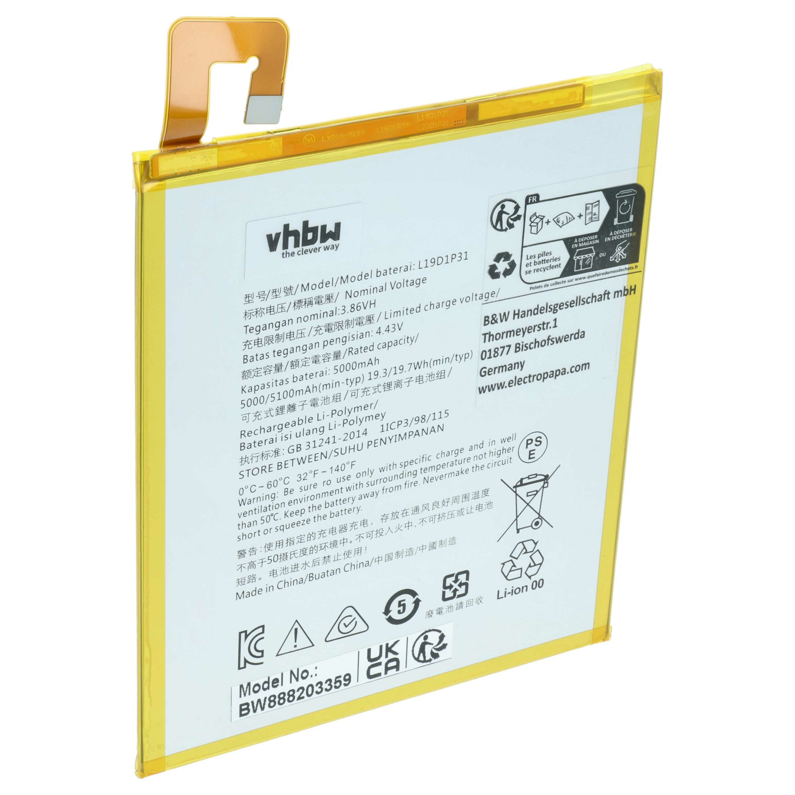 Bateria vhbw para Lenovo Tablet - 5000 mAh 3.86 V Li-polymer (substitui L19D1P31)