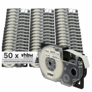 Fita de Etiqueta vhbw 50x compatível com Casio XR-9WE1, XR-9WE - 9 mm Preto sobre Branco