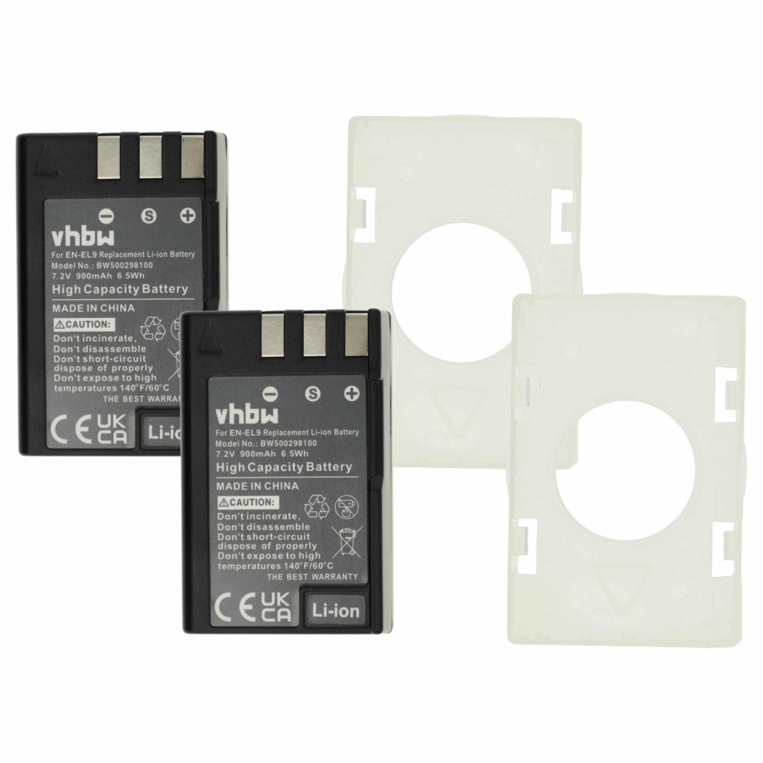 2x Bateria compatível com Nikon EN-EL9a, EN-EL9E, EN-EL9 - 900mAh, 7.2V, Li-Ion