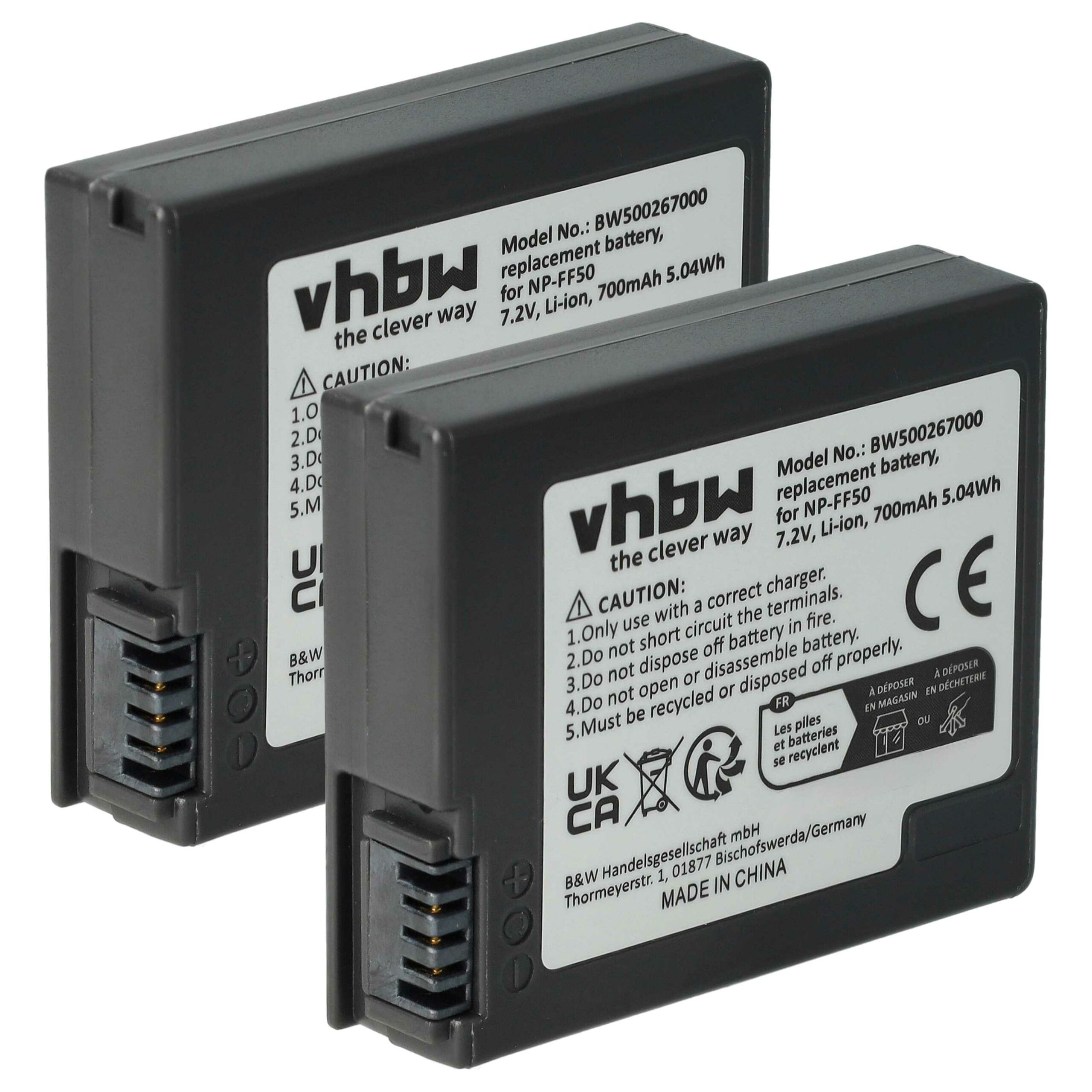Bateria de Substituição vhbw 2x para Sony NP-FF51, NP-FF50 - 700 mAh 7.4 V Li-Ion