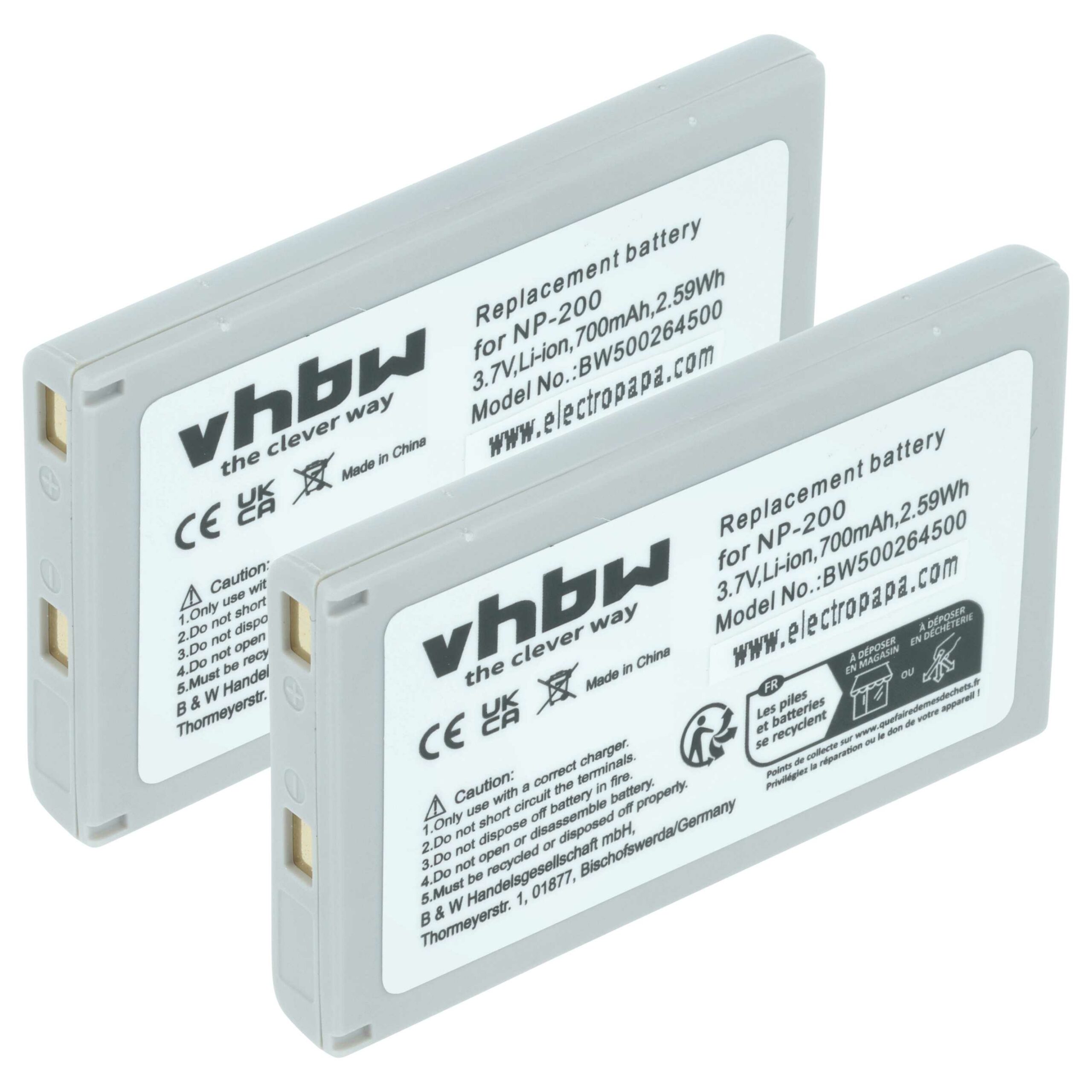Bateria vhbw para Minolta NP-200 - 700 mAh 3.7 V Li-Ion (pack 2x)
