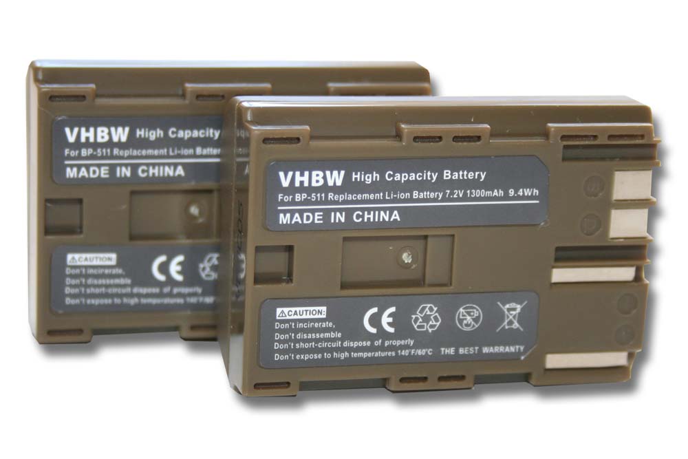 2x Bateria vhbw para Canon BP-508, BP-535, BP-511A, BP-511, BP-522, BP-512, BP-514 - 1300mAh, 7.2V, Li-Ion