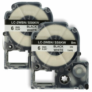 2x Fita de Etiquetas Compatível com Epson LC-2WBN - 6 mm Preto sobre Branco