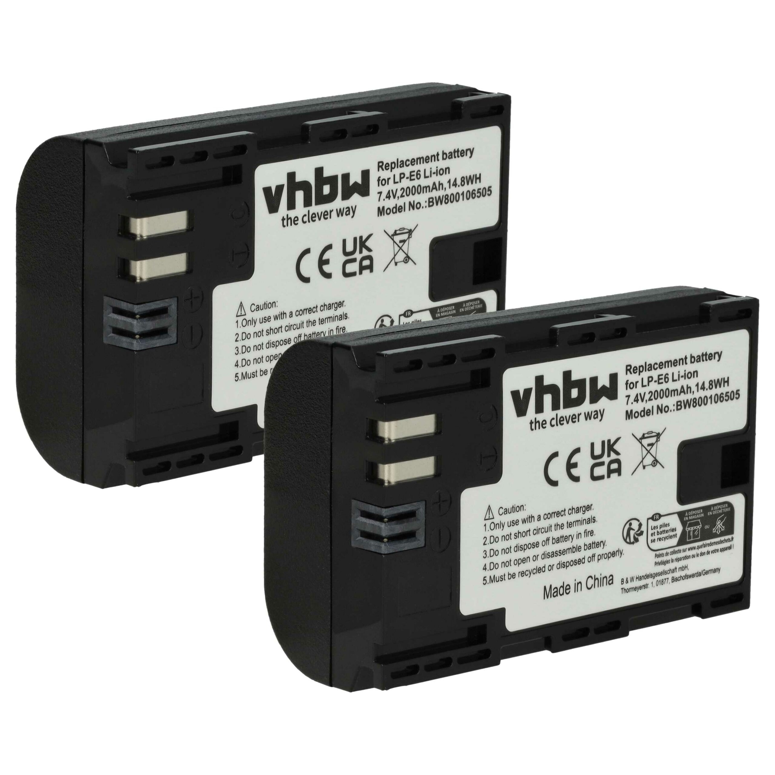 2x Bateria compatível Canon LP-E6 - 2000mAh, 7.2V, Li-Ion com chip de informação