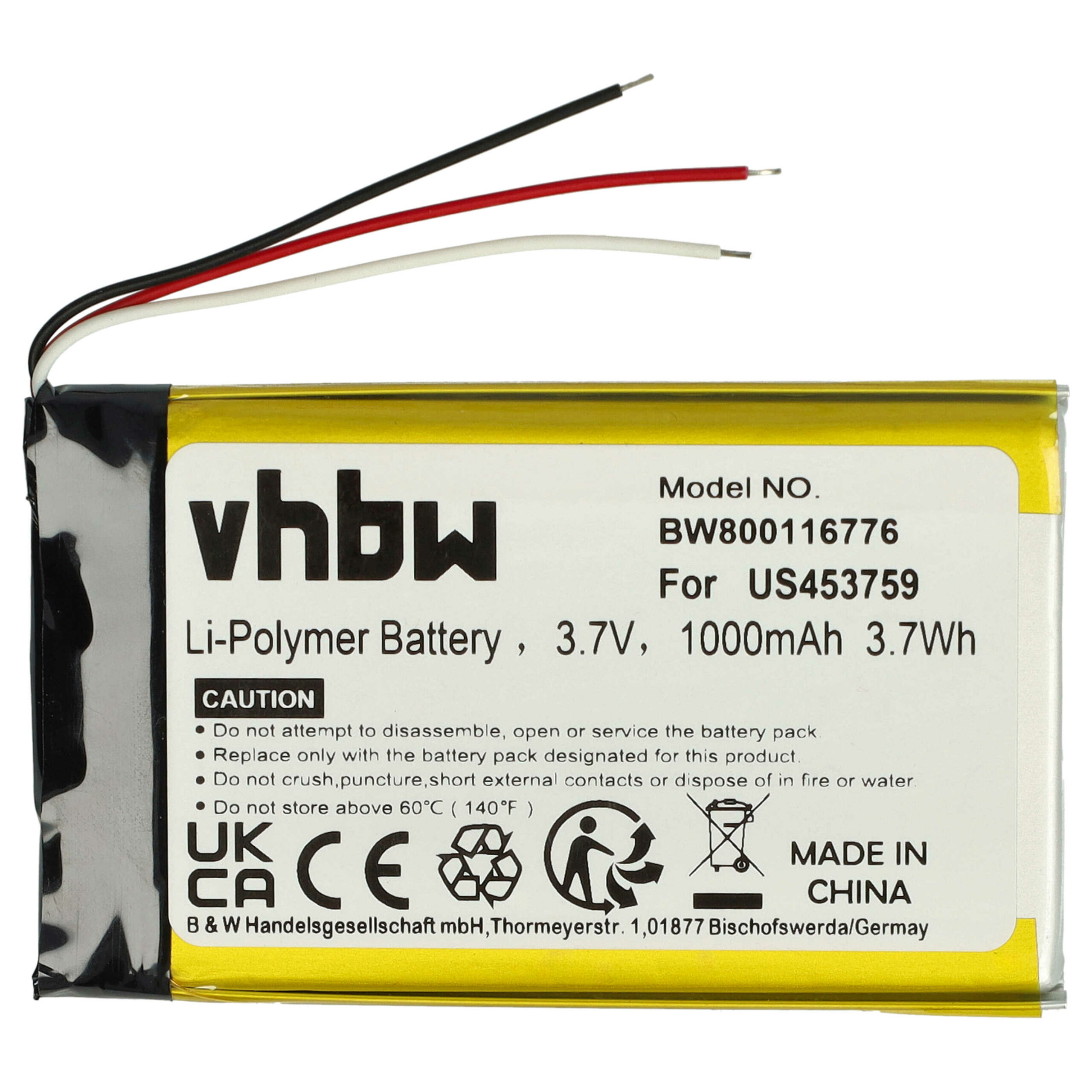 Bateria vhbw para MP3 Sony - substituição US453759 - 1000 mAh 3.7 V Li-polymer