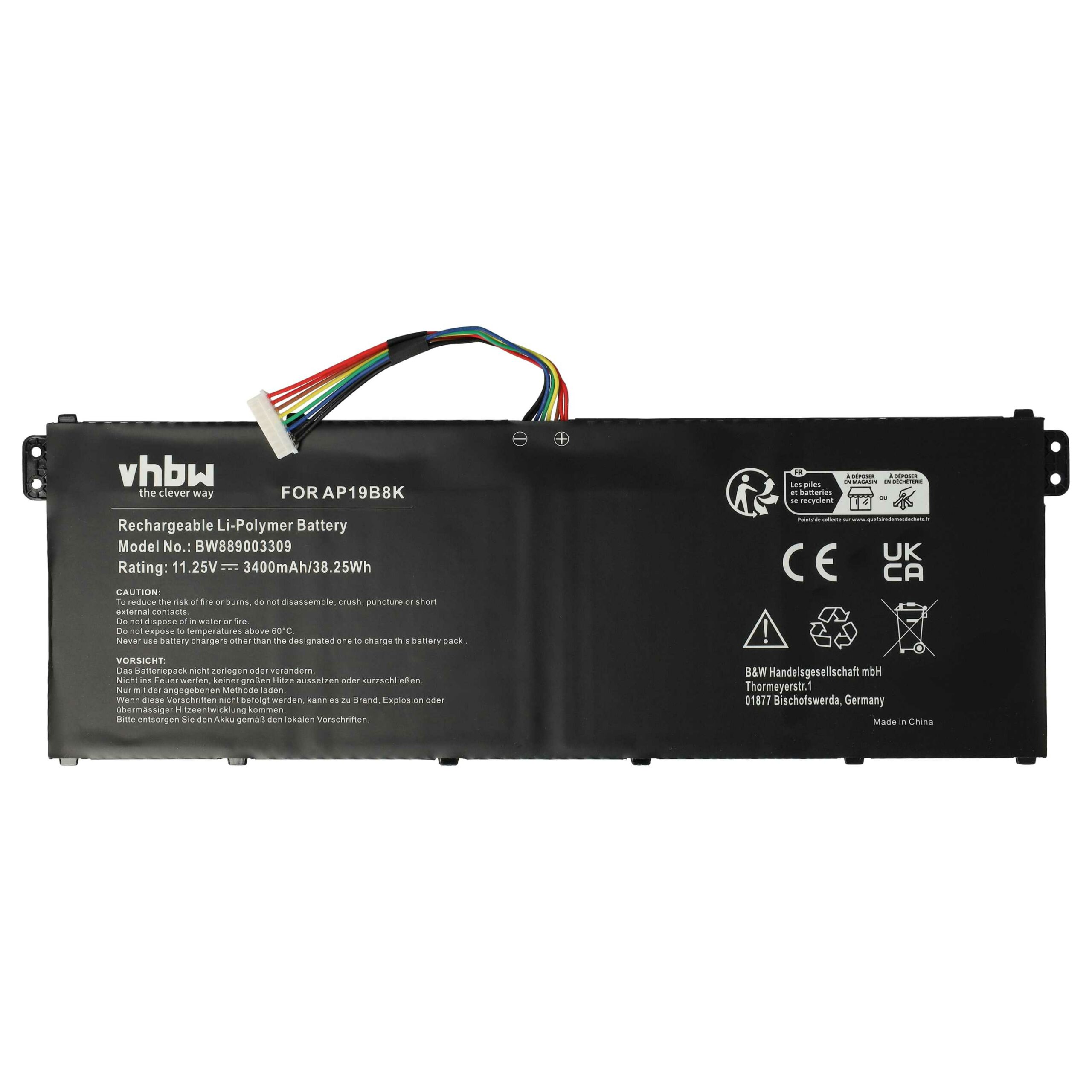 Bateria vhbw para Acer (KT0030G022, KT00304013, AP19B8K, AP18C4K) - 3400 mAh 11.25 V Li-polímero, preta - Image 3