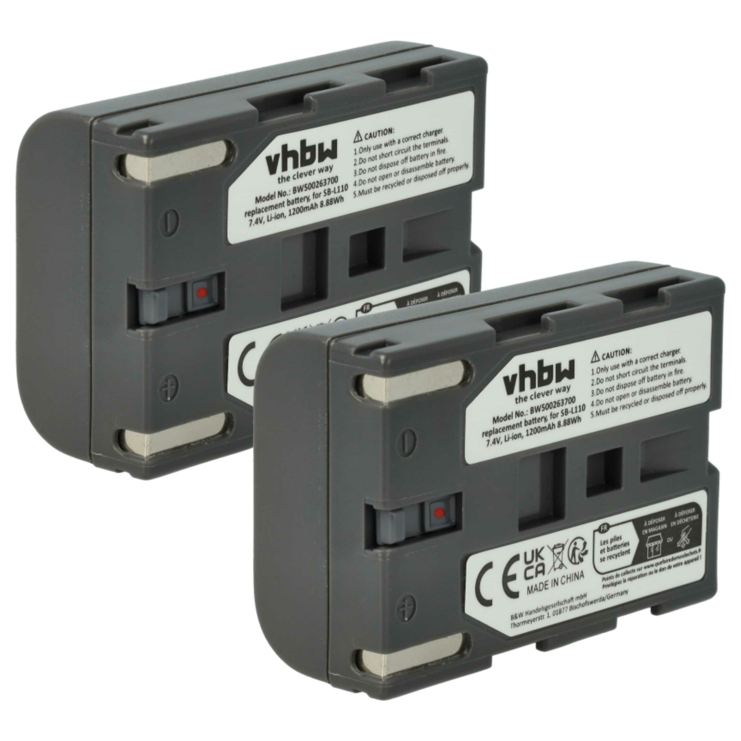 Bateria vhbw 2x para câmaras de vídeo Samsung - 1200 mAh 7.4V Li-Ion (SB-L110, SB-L70R, SB-L70, SB-L70A, BB13-SS014)