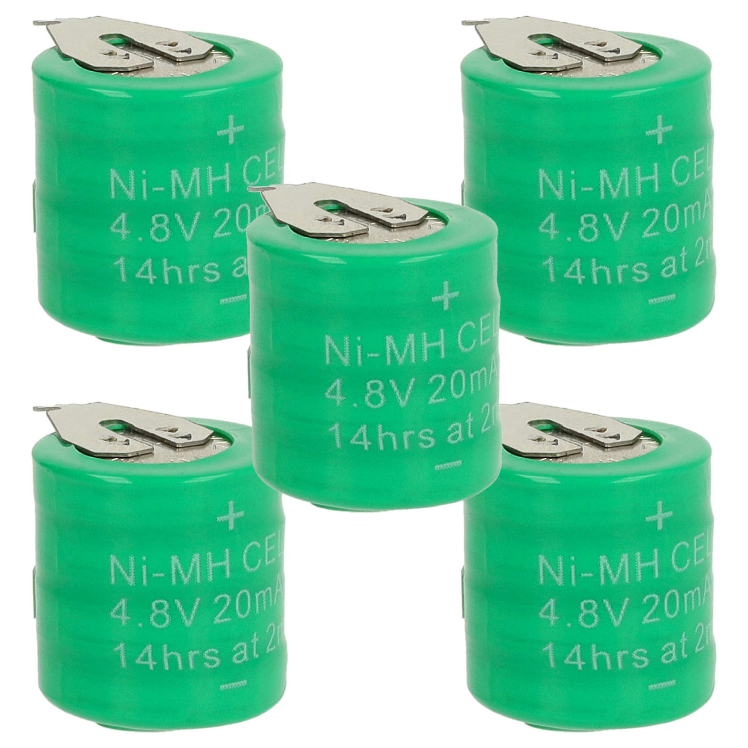 Pack 5x Pilhas Botão Recarregáveis vhbw Tipo 4/V15H - 15 mAh 4.8 V NiMH com 2 Contactos