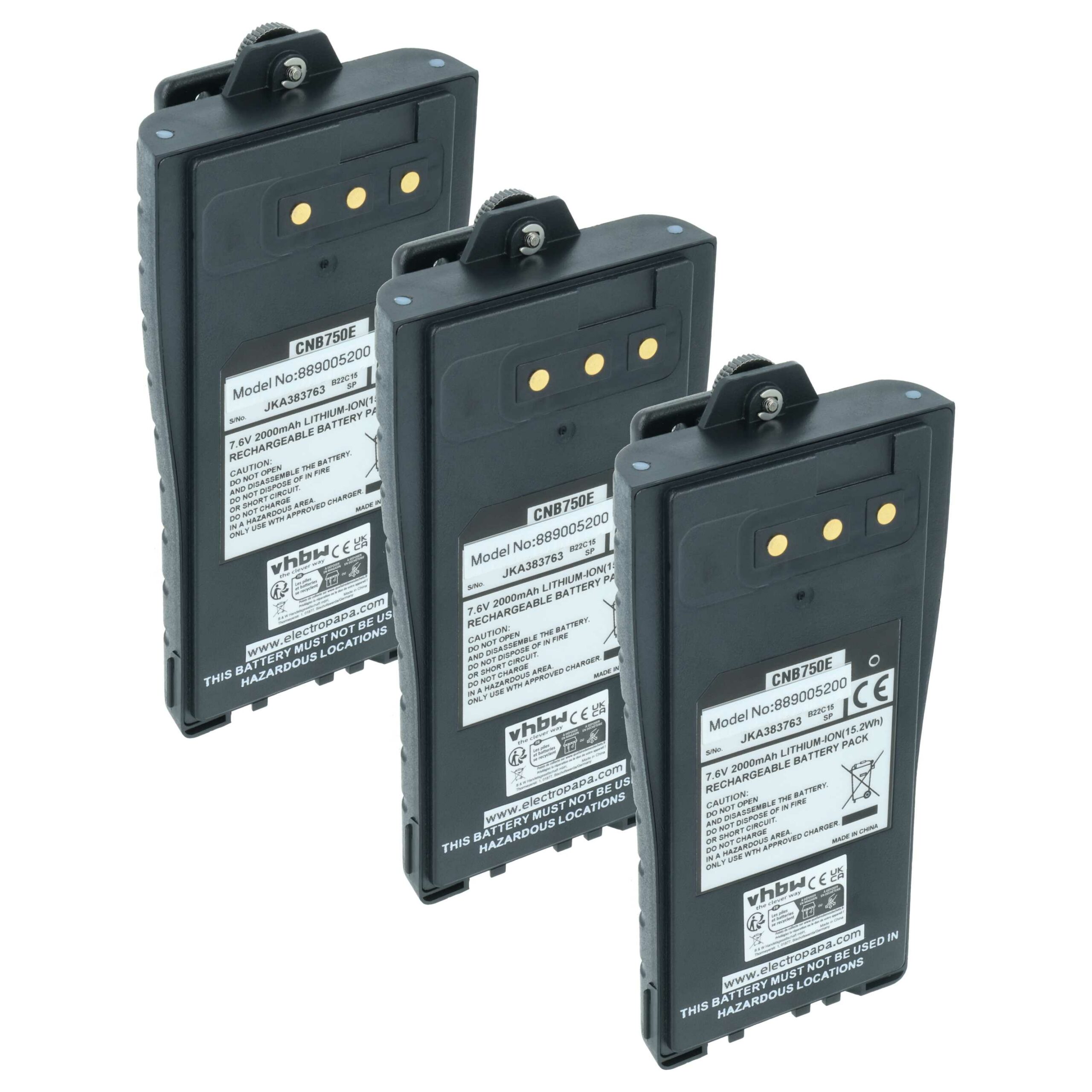 3x Bateria para Rádio Entel CNB750E - 2000 mAh 7.6 V Li-Ion + Clip de Cintura vhbw