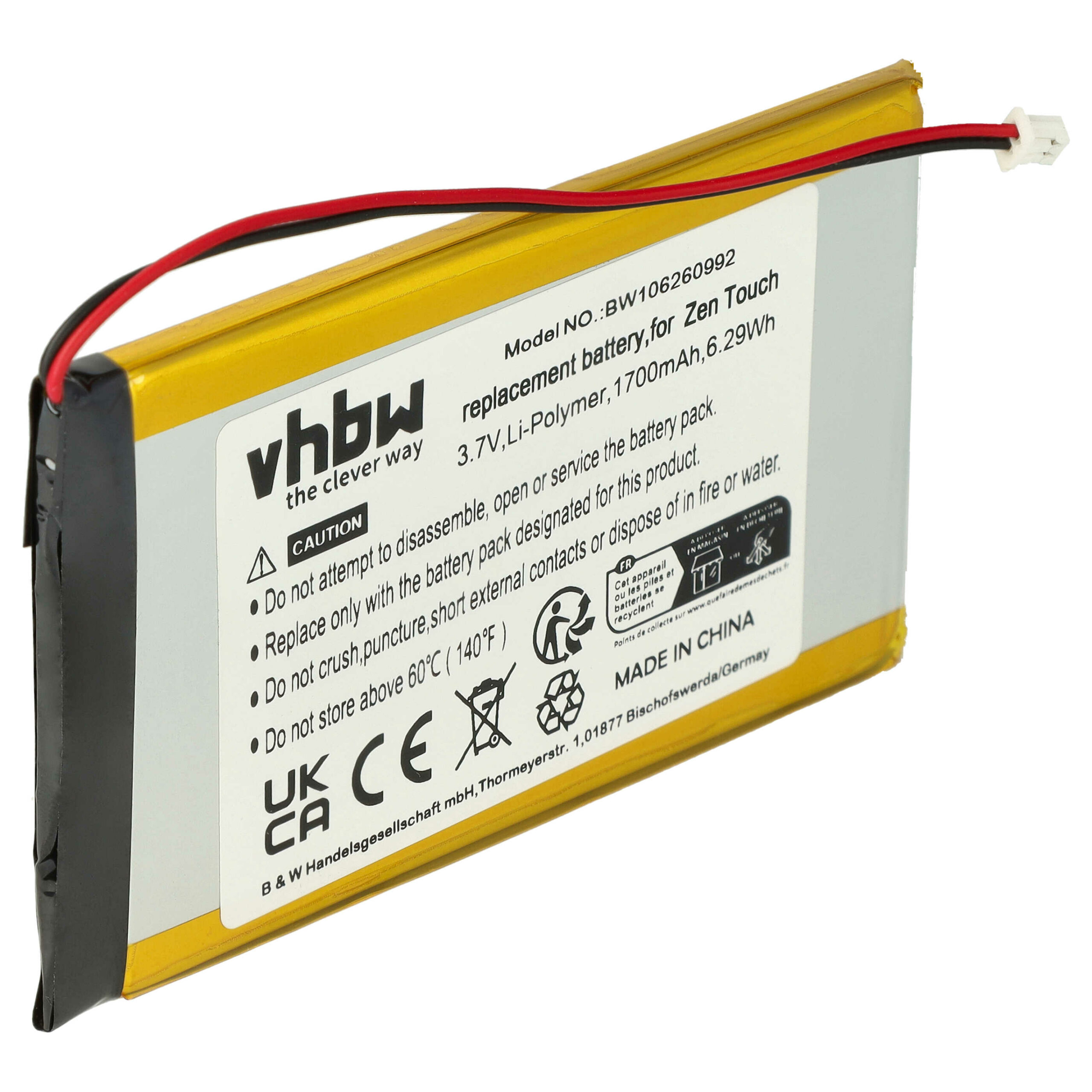 Bateria vhbw para Creative MP3-Player - 1700 mAh 3.7 V Li-polymer (DAP-HD0014, DAA-BA0004) - Image 3