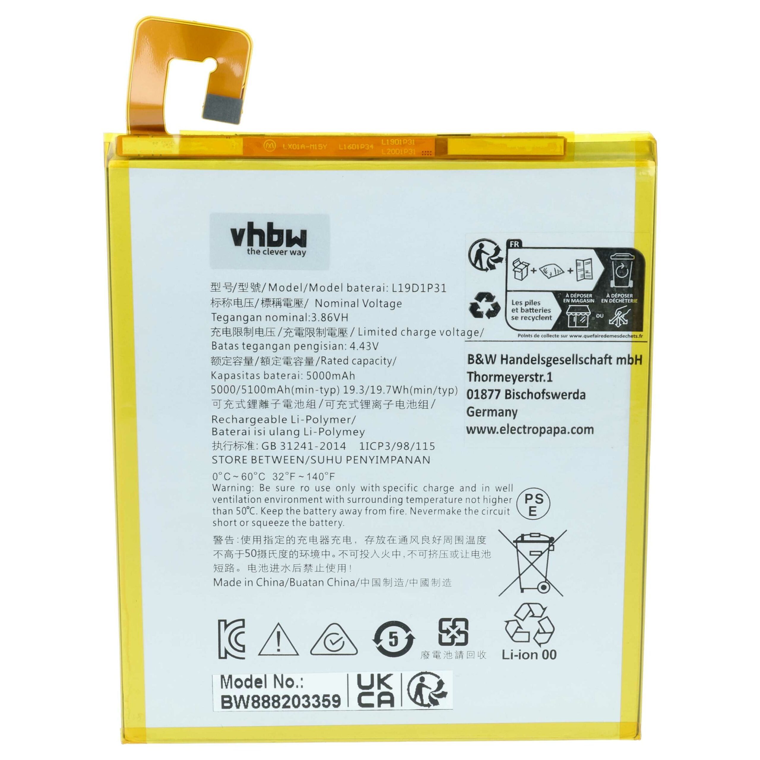 Bateria vhbw para Lenovo Tablet - 5000 mAh 3.86 V Li-polymer (substitui L19D1P31) - Image 3