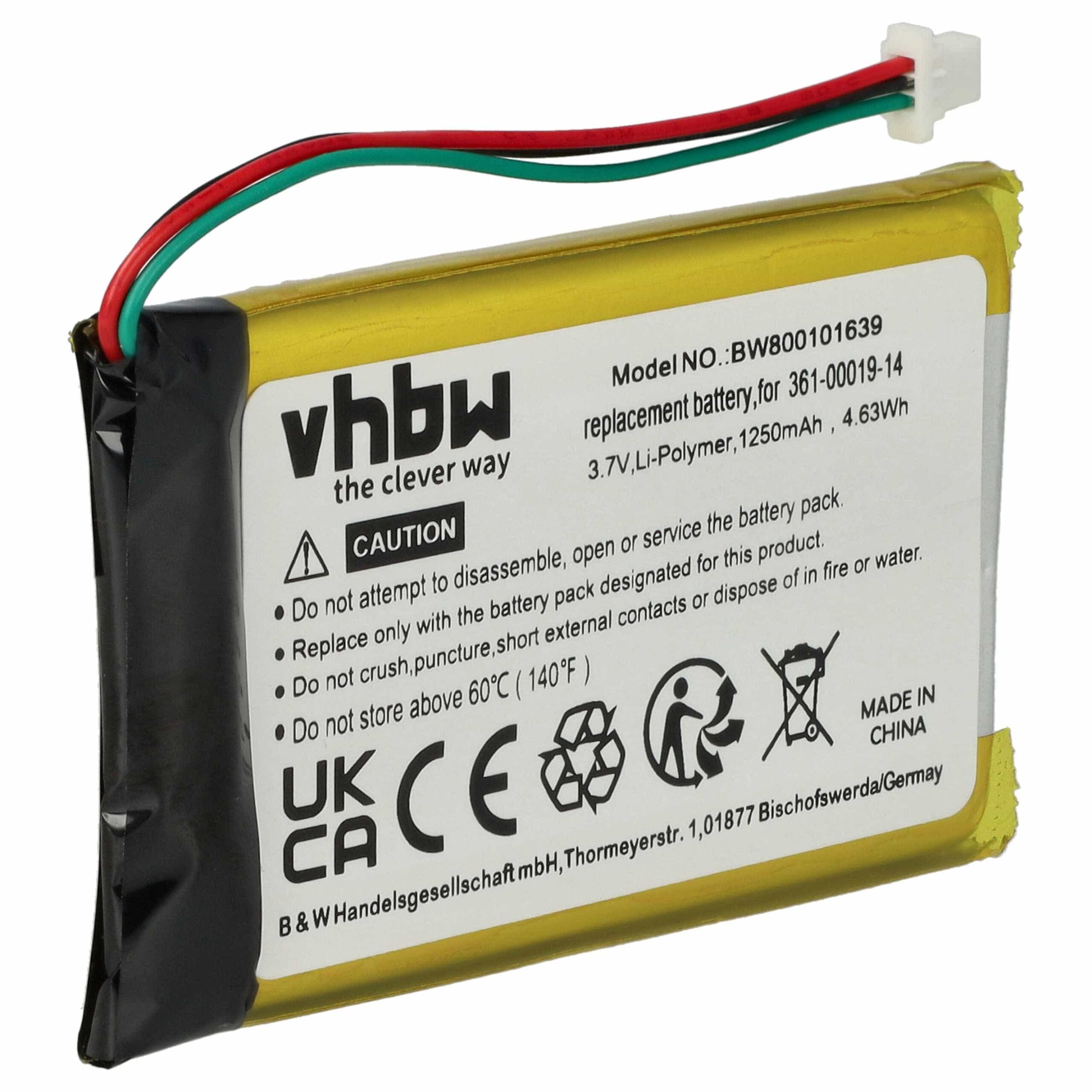 Bateria para GPS Garmin 361-00019-14 - vhbw 1250mAh, 3.7V