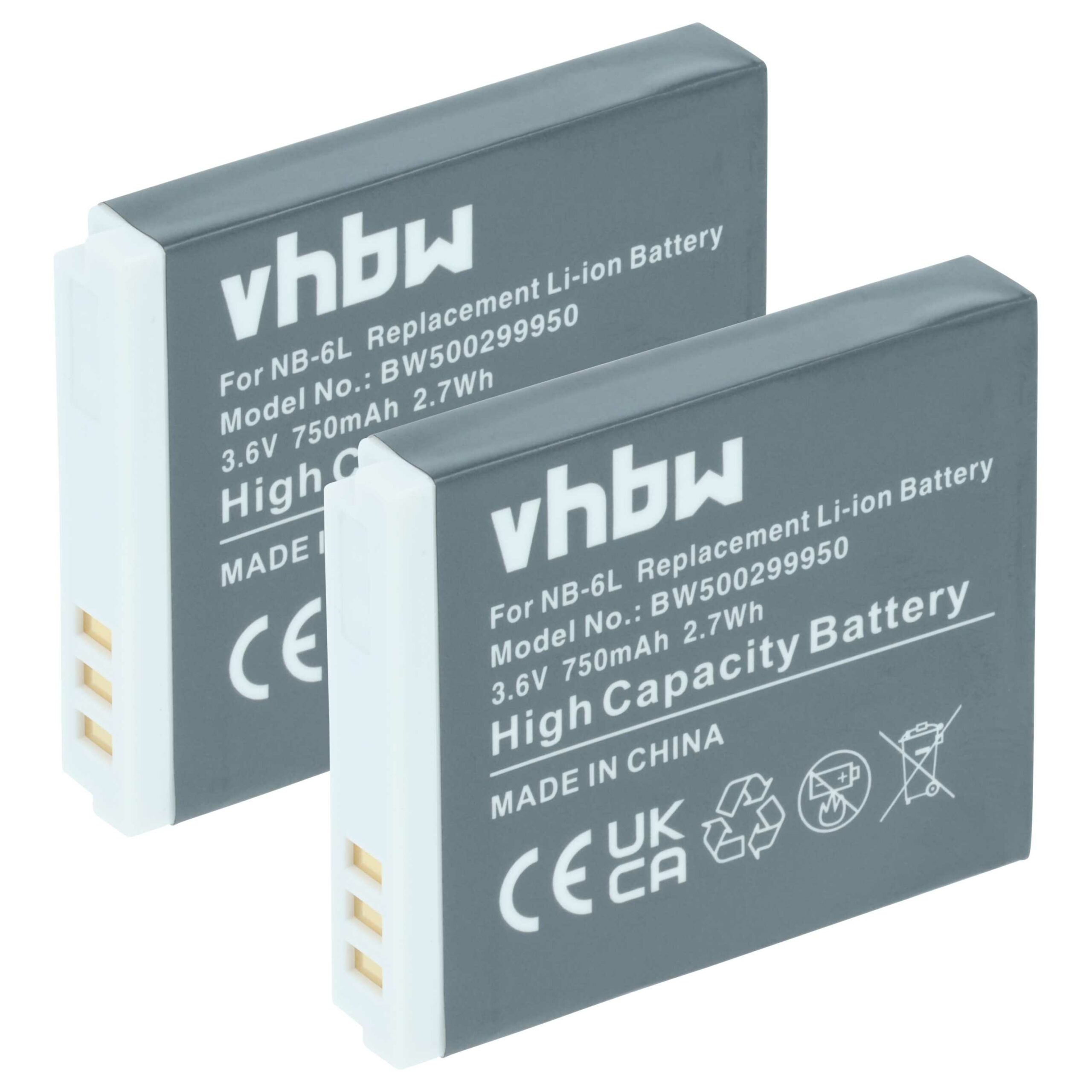2x Bateria compatível Canon NB-6L - 750mAh, 3.6V, Li-Ion