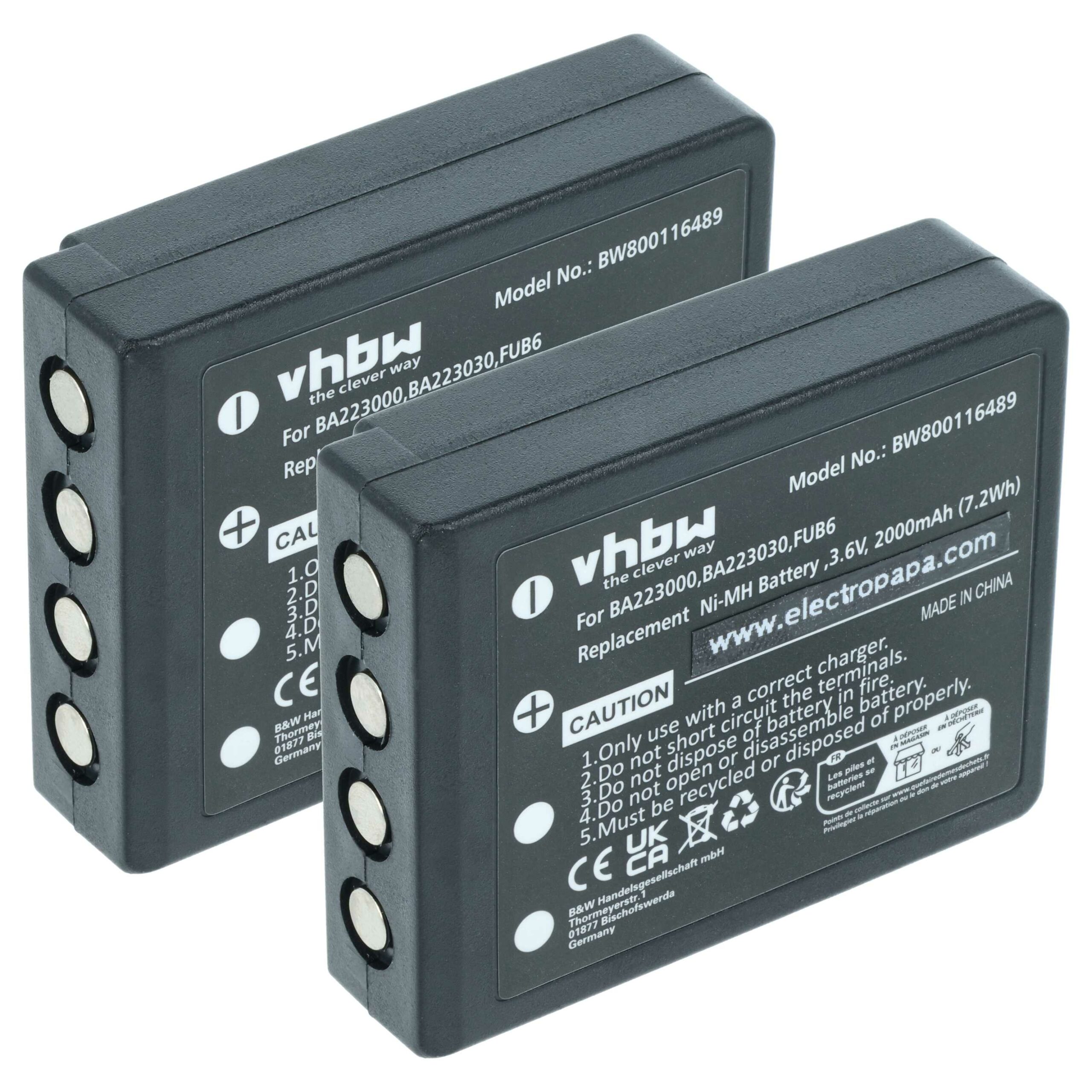 Bateria vhbw 2x para Telecomandos HBC FBFUB09N - 2000 mAh 3.6 V NiMH