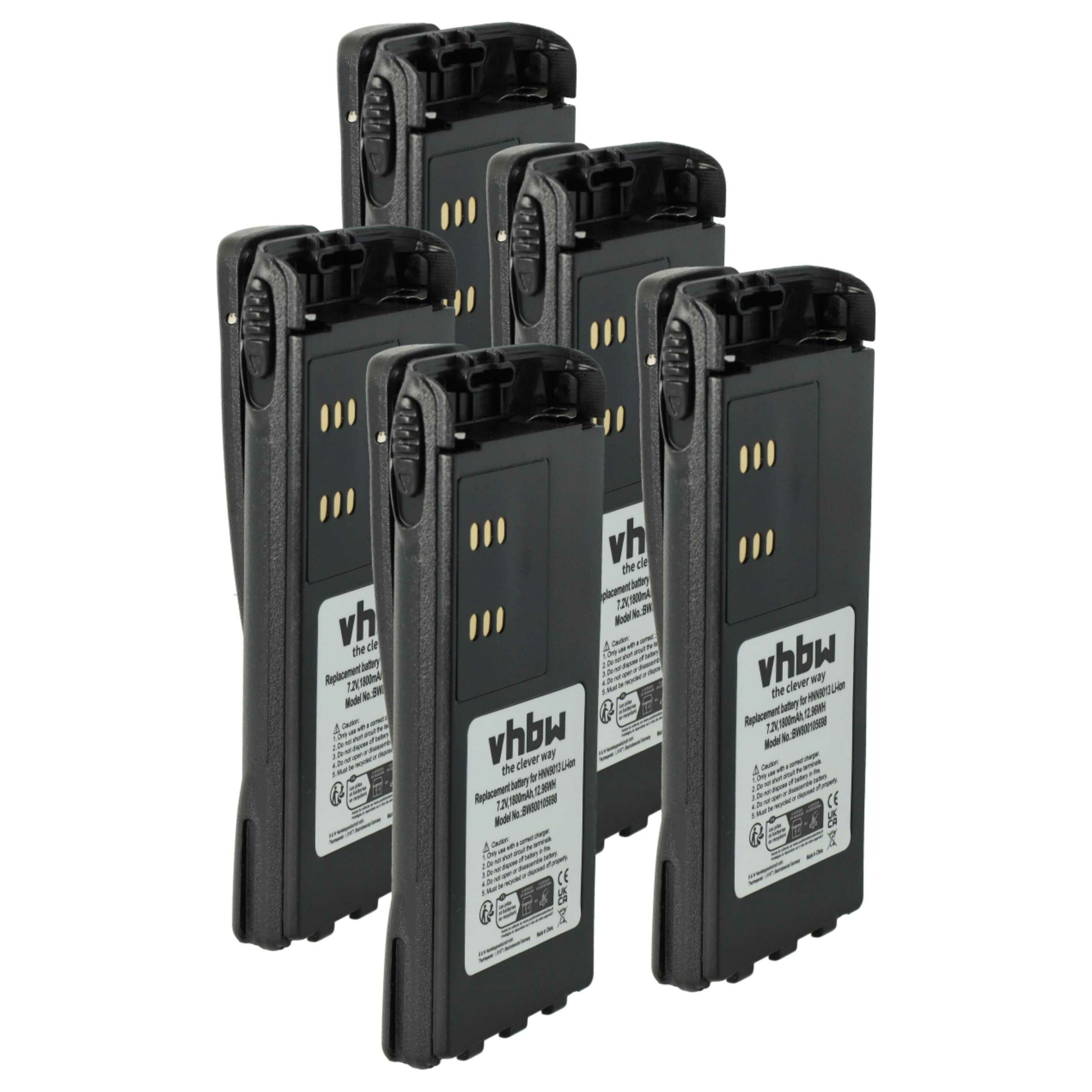 Pack 5x Bateria vhbw 1800 mAh 7.2V Li-Ion para Motorola HMNN4151, HMNN4154, HMNN4158, HMNN4159 + Clip
