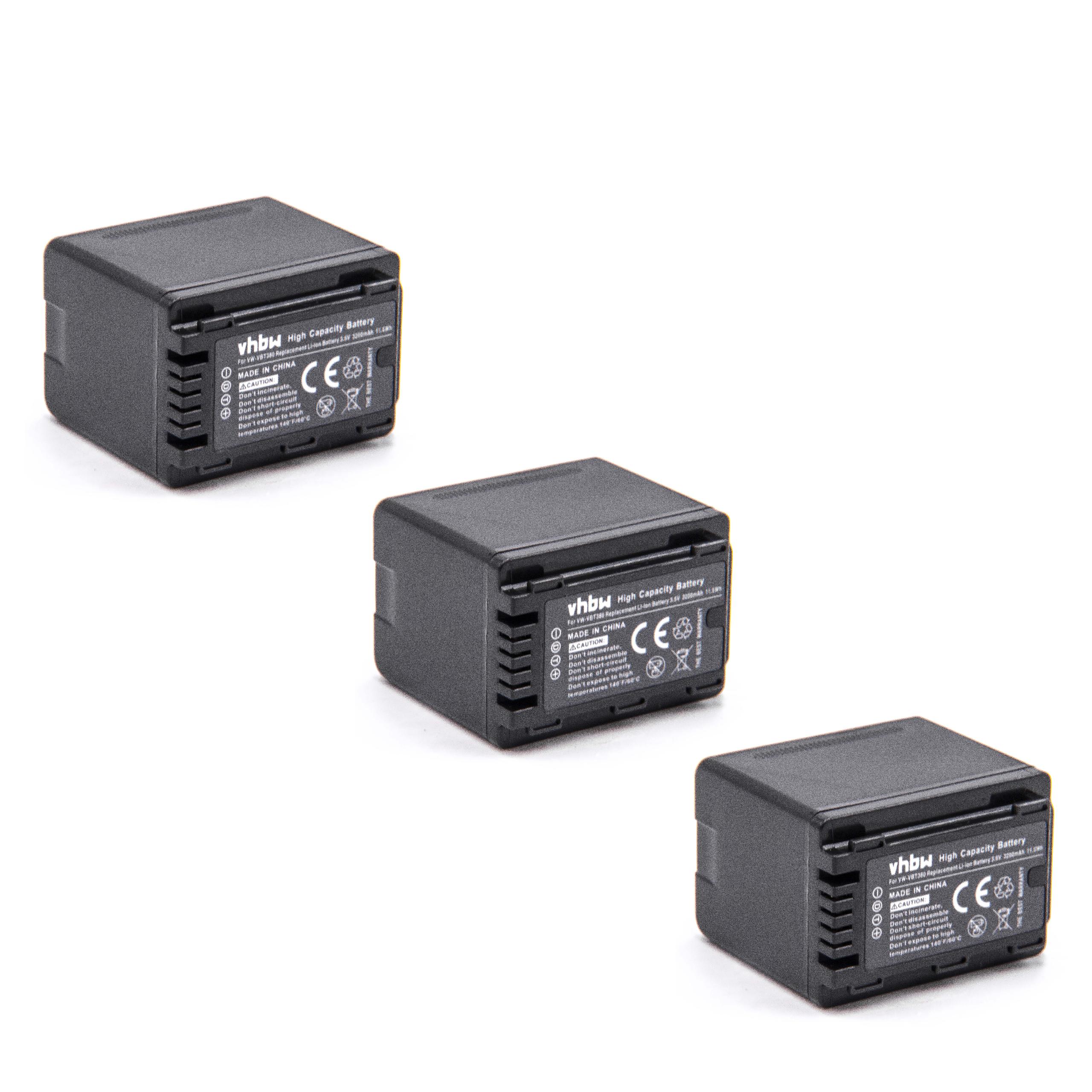 Bateria vhbw 3x para Câmara Panasonic VW-VBK180, VW-VBK360, VW-VBT380, VW-VBT190 - 3200 mAh 3.6 V Li-Ion