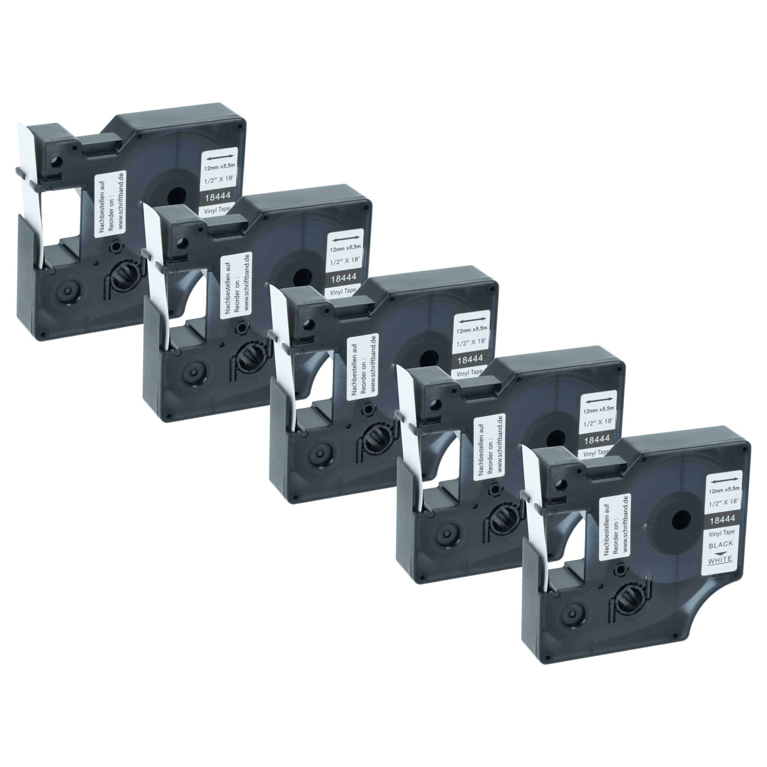 5x Fita de Etiquetas Compatível com Dymo 18444 - 12 mm Preto sobre Branco, Vinil