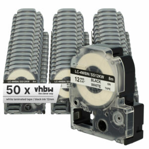 Pack 50x Fita Etiquetadora Compatível Epson LC-4WBN - 12 mm Preto sobre Branco