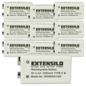 Bateria 9V Bloco 10x EXTENSILO Compatível Daitem BATV13 - 1 Ah Li-Ion com USB-C