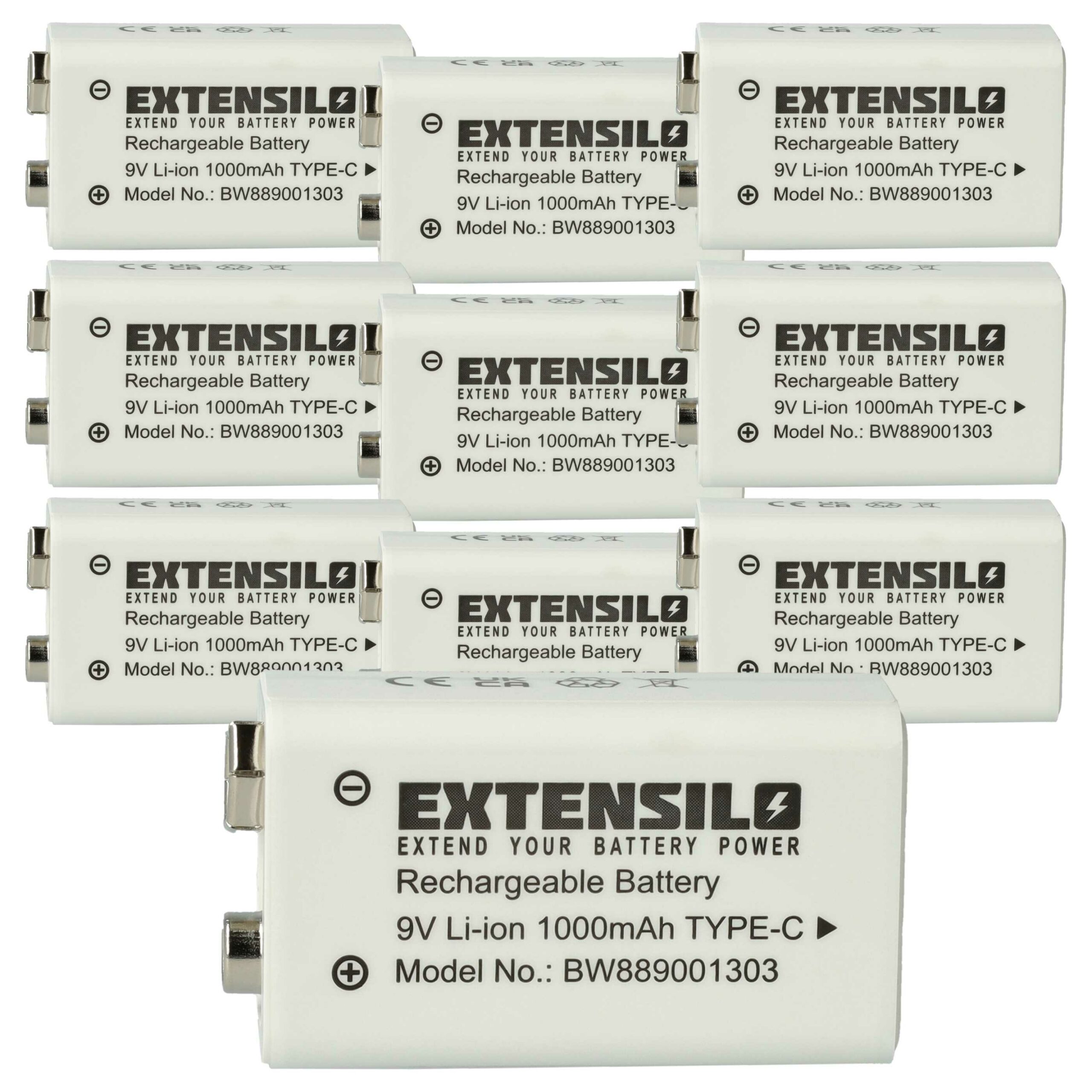 Bateria 9V Bloco 10x EXTENSILO Compatível Daitem BATV13 - 1 Ah Li-Ion com USB-C