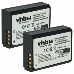 2x Bateria de substituição vhbw para Canon LP-E10 - 800mAh, 7.2V, Li-Ion