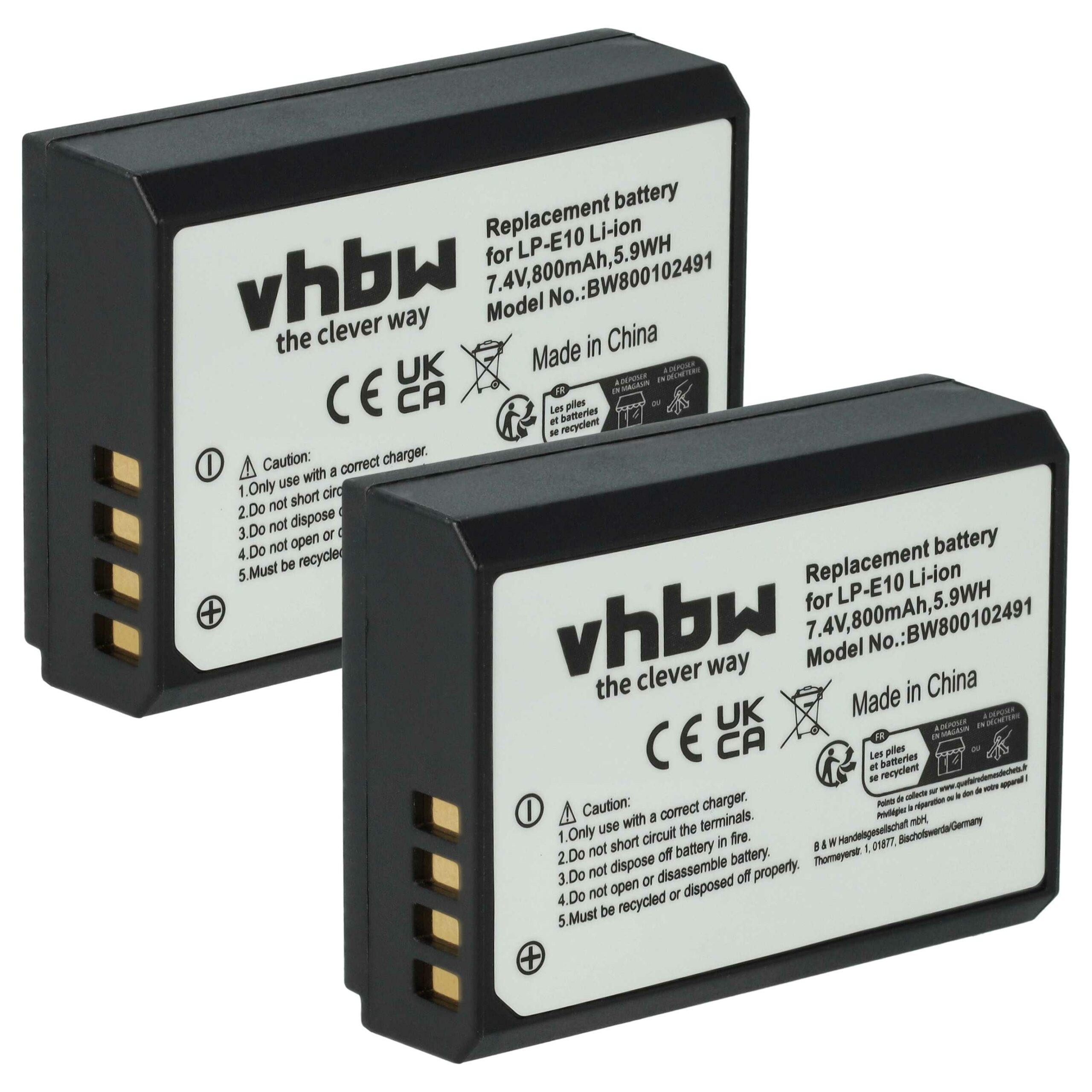 2x Bateria de substituição vhbw para Canon LP-E10 - 800mAh, 7.2V, Li-Ion