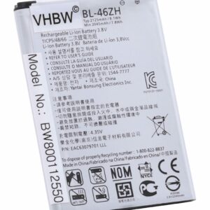 Bateria vhbw para Telemóvel LG compatível com EAC63079701, BL-46ZH - 2125 mAh 3.8 V Li-Ion