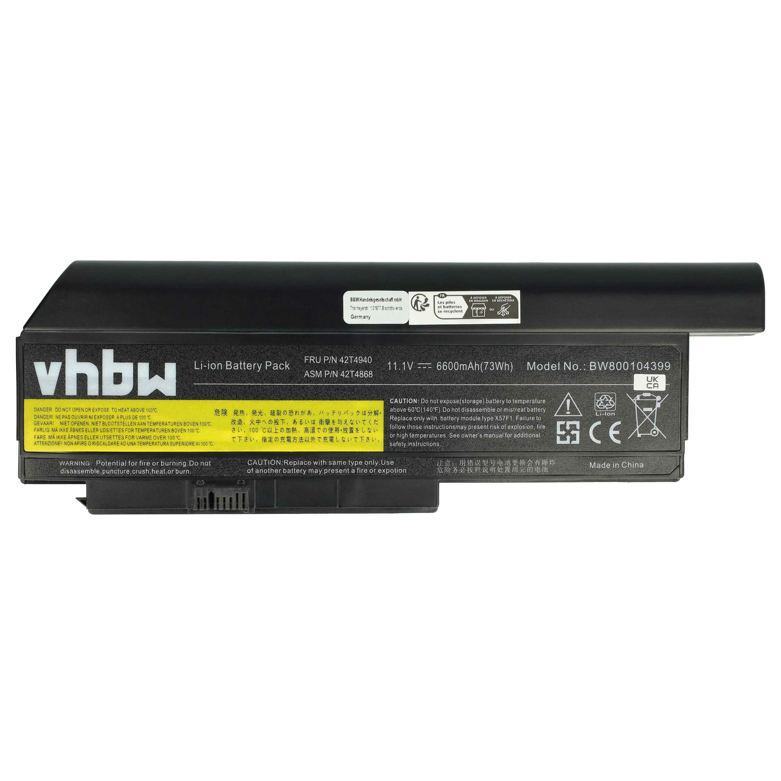 Bateria vhbw para Lenovo - 6600 mAh 10.8 V Li-Ion (0A36283, 0A36307, 42T4861)