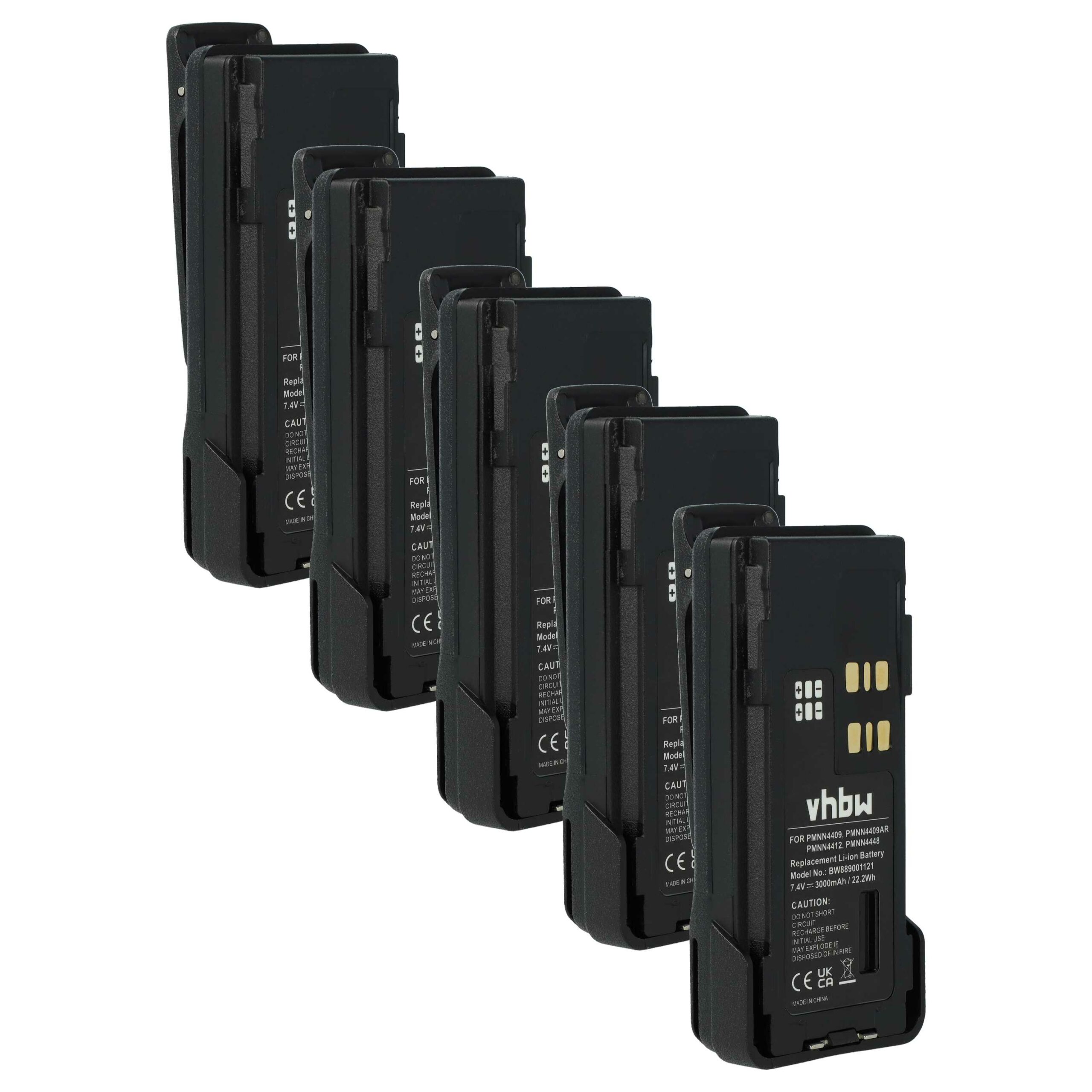 Bateria 5x para Rádio Motorola PMNN4406, PMNN4409BR, PMNN4406BR - 3000 mAh 7.4 V Li-Ion + Clip de Cintura