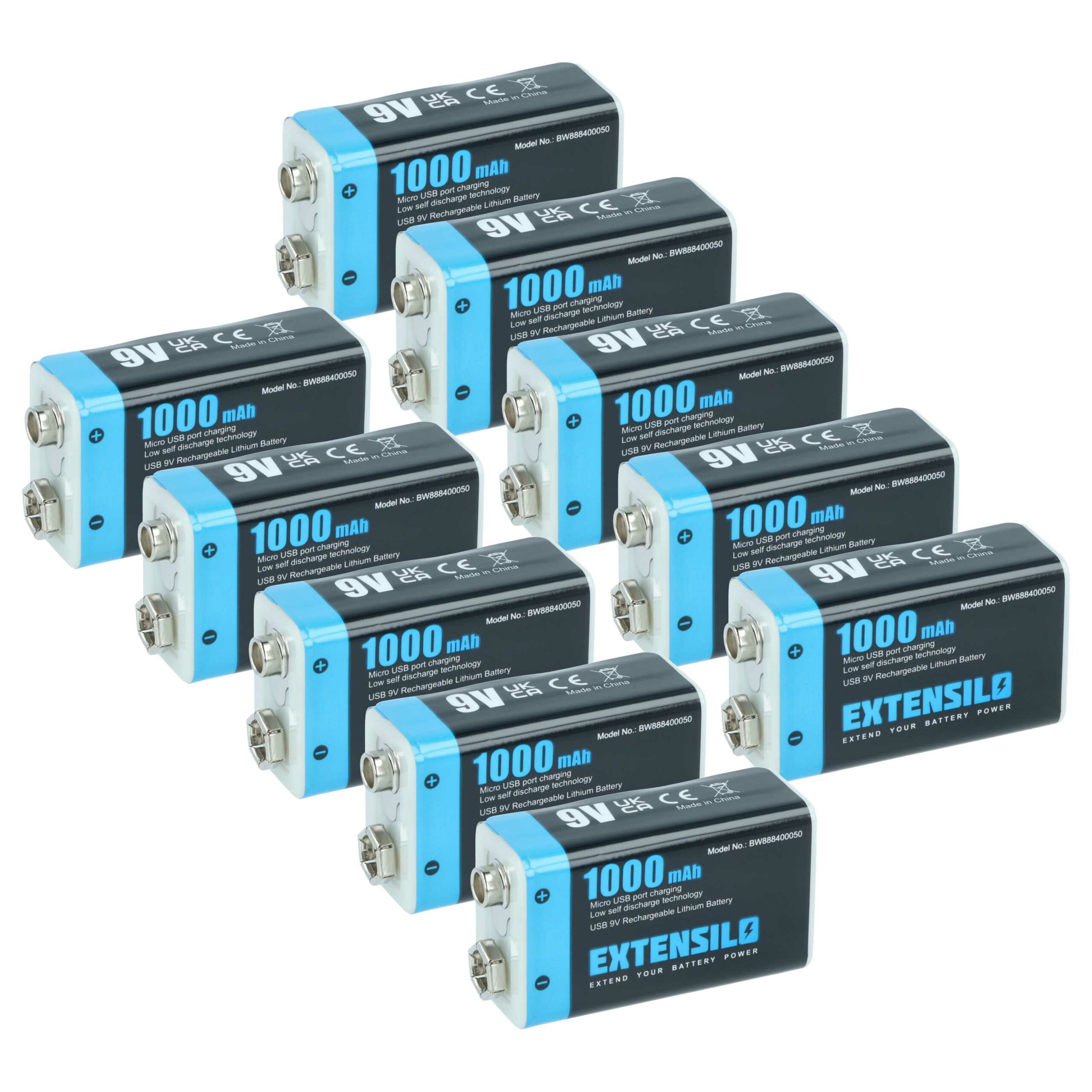 Bateria 9V EXTENSILO 10x com Porta Micro USB - Compatível Daitem BATV13 - 1 Ah Li-Ion