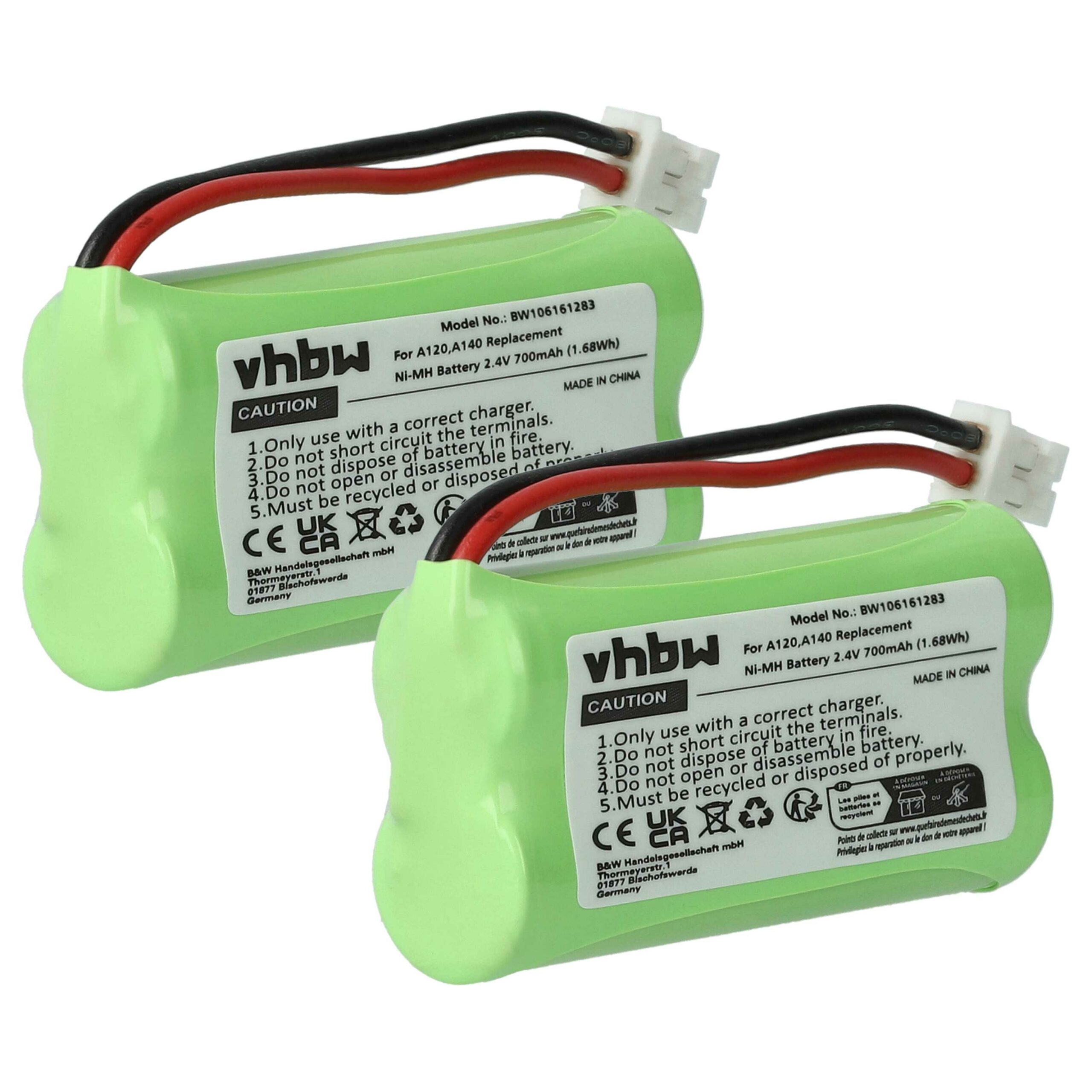 2x Bateria substitui 55AAAHR2BMX, 220382C1, 220436C1, 41AAAH2BMX para telefone T-Com - 700 mAh 2.4 V NiMH