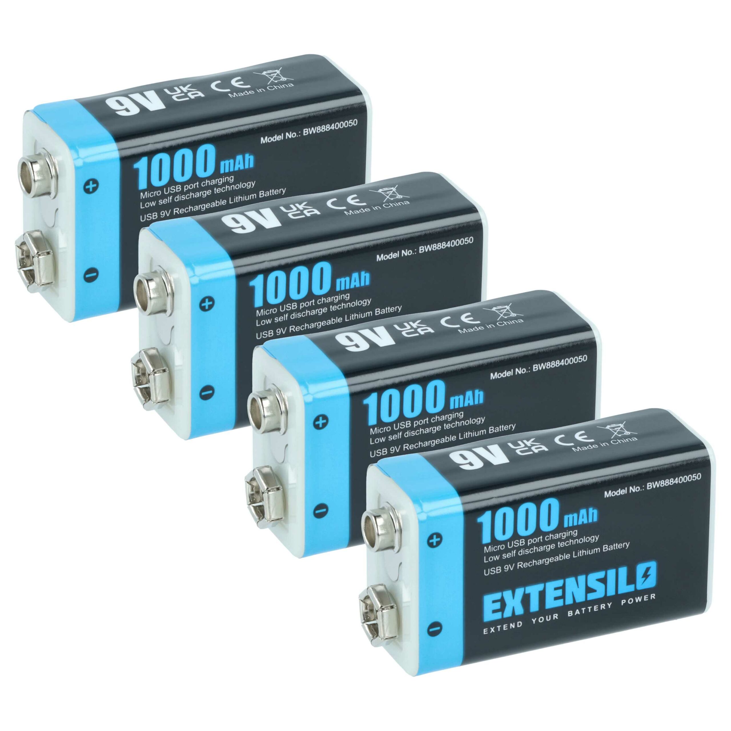 Bateria 9V Li-Ion EXTENSILO 1 Ah com Porta Micro USB - Compatível Daitem BATV13 (Pack 4x)