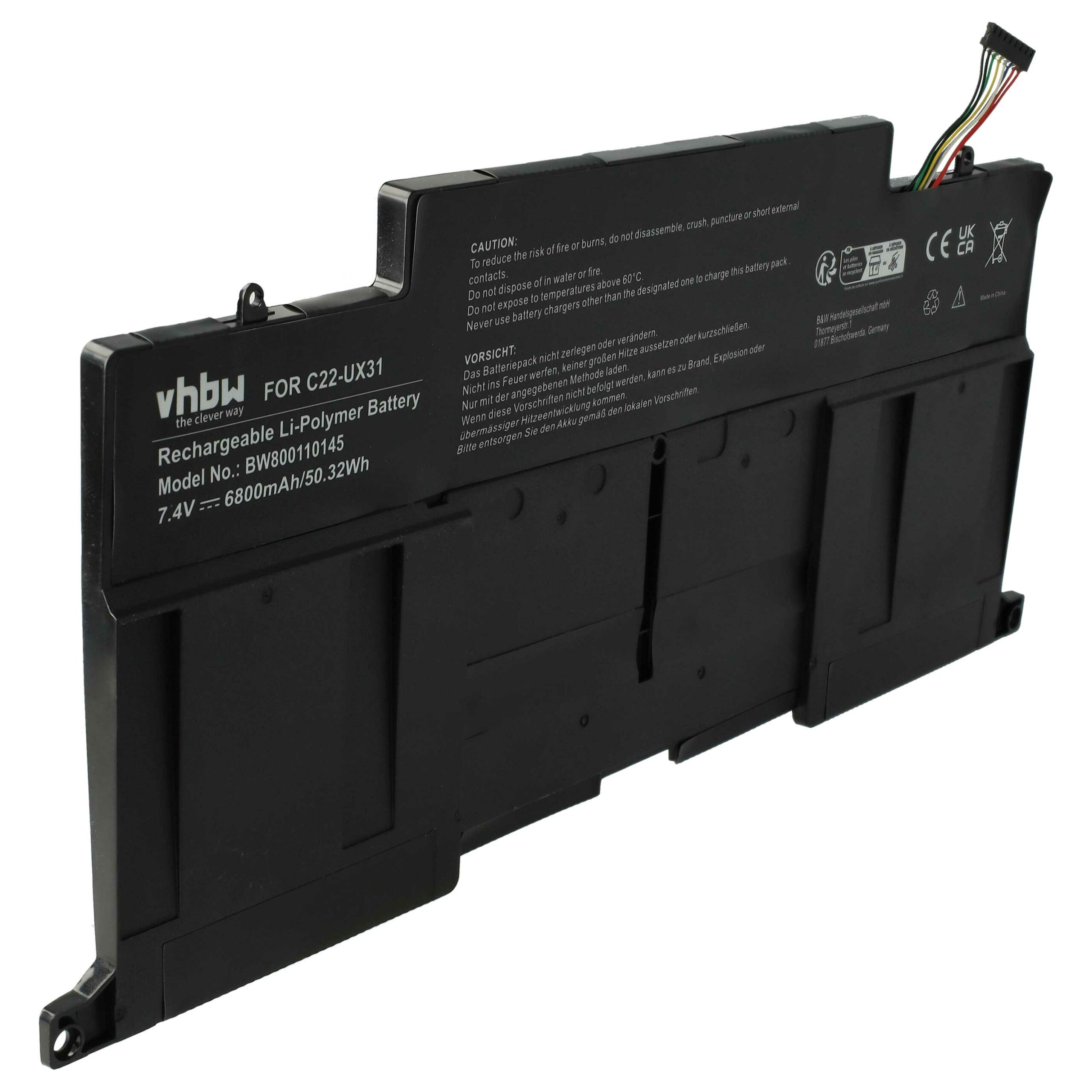 Bateria vhbw para Asus C22-UX31 - 6800 mAh 7.4 V Li-Polímero, preta