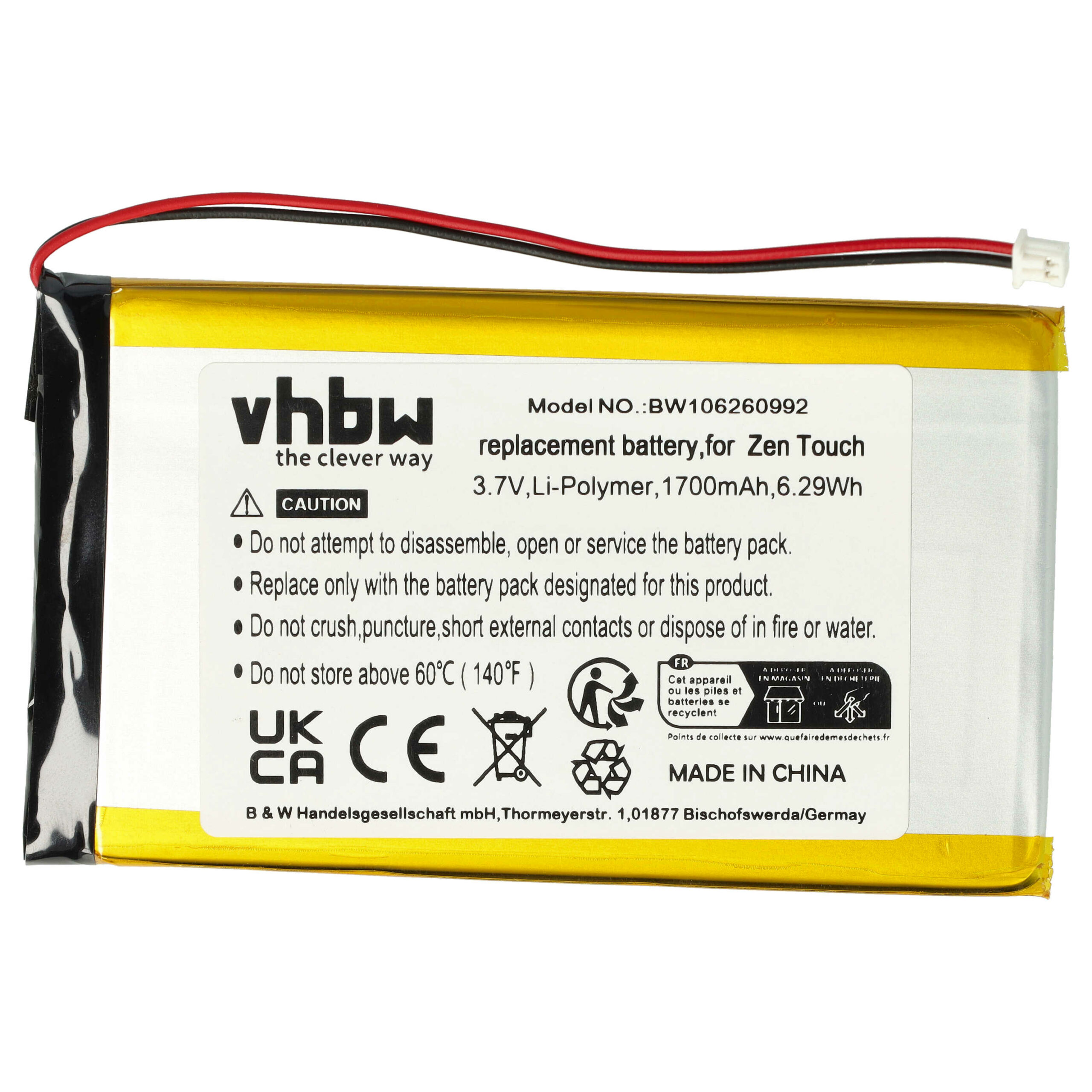 Bateria vhbw para Creative MP3-Player - 1700 mAh 3.7 V Li-polymer (DAP-HD0014, DAA-BA0004)