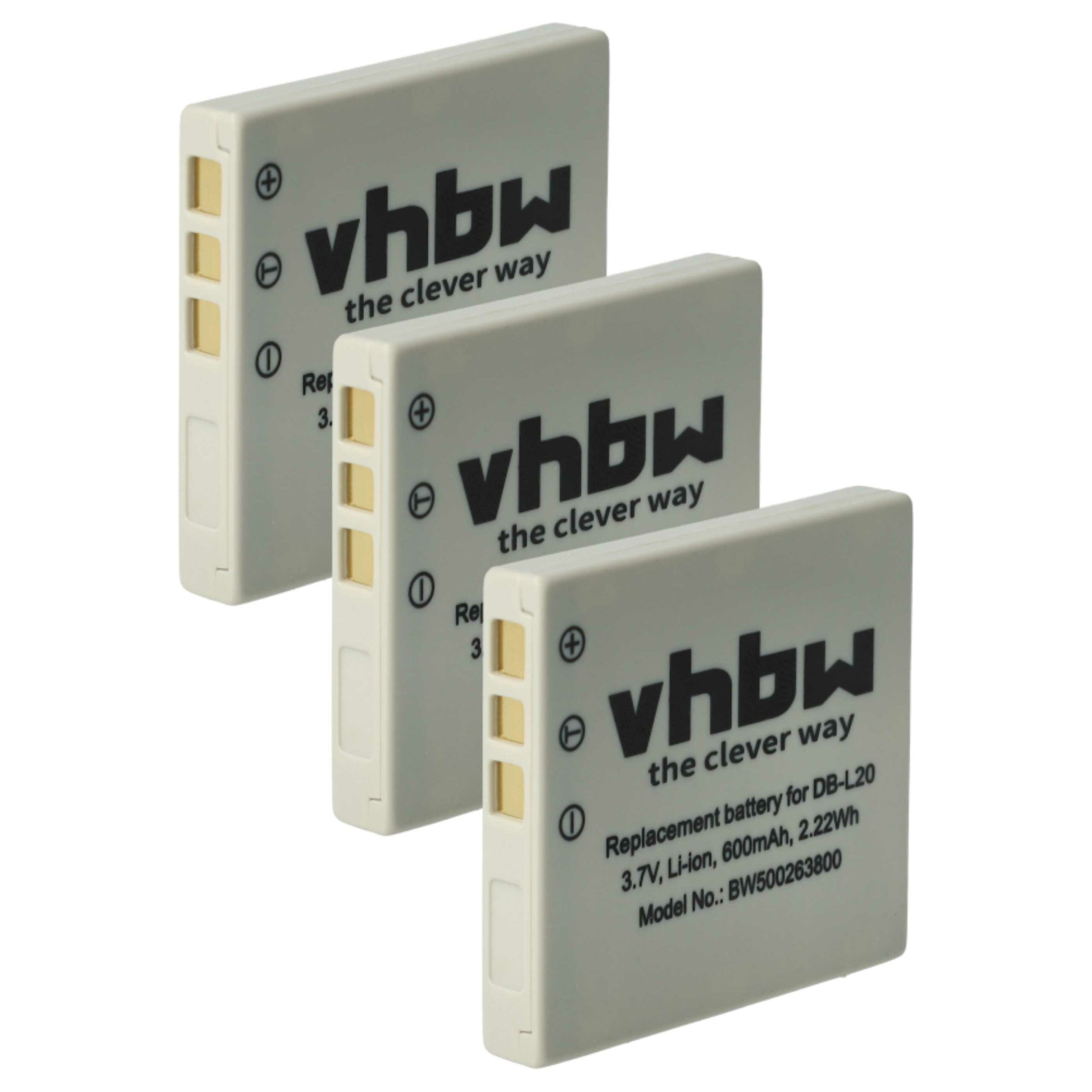 3 Baterias vhbw compatíveis com Sanyo DB-L20A, DB-L20, DB-L20AEX - 600mAh, 3.7V, Li-Ion